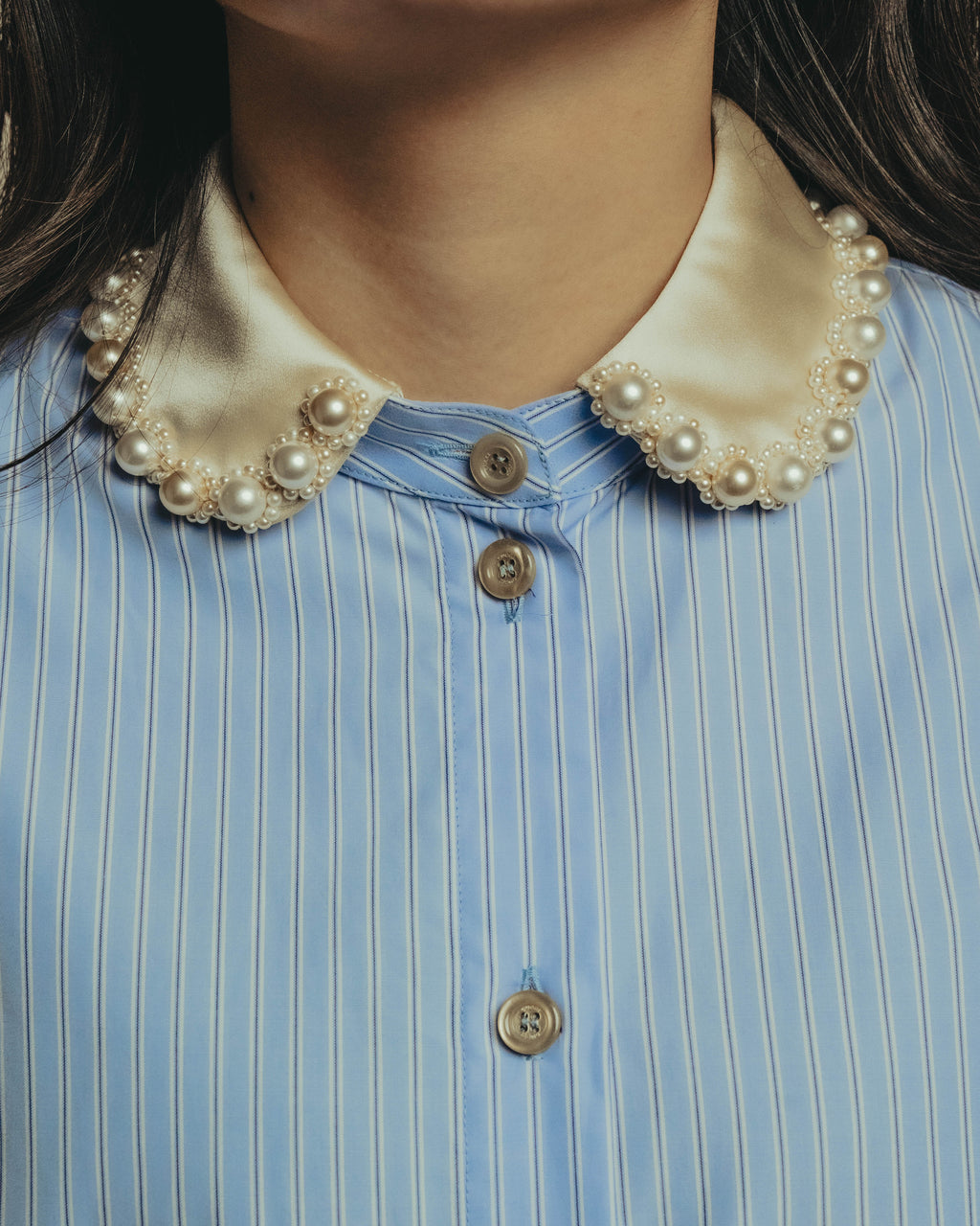 -SPECIAL- "GUCCI" 2010's-20's Pearl embellished detachable collar striped long shirt