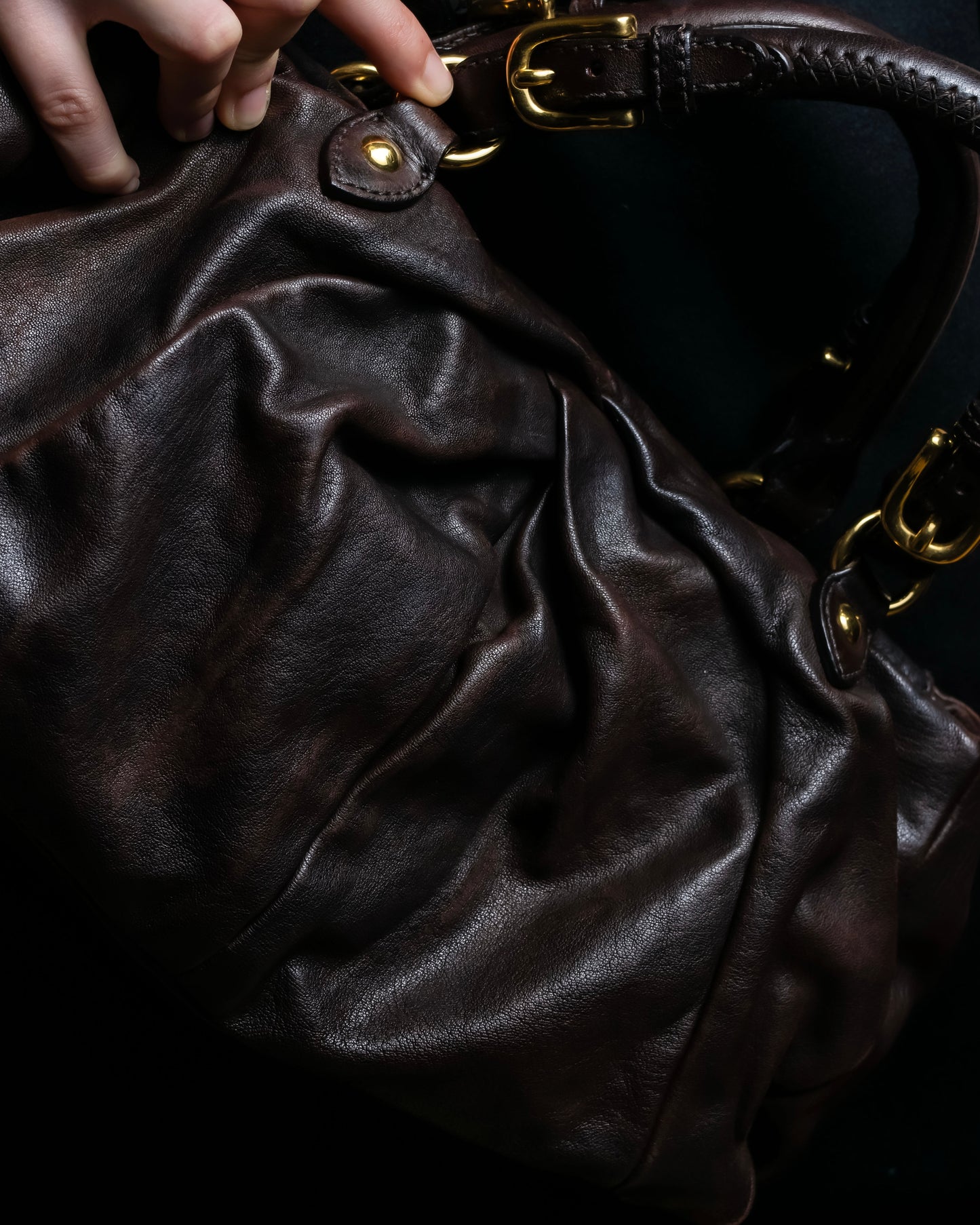 "MIU MIU" Pleated detail rounded boston grained leather 2way bag