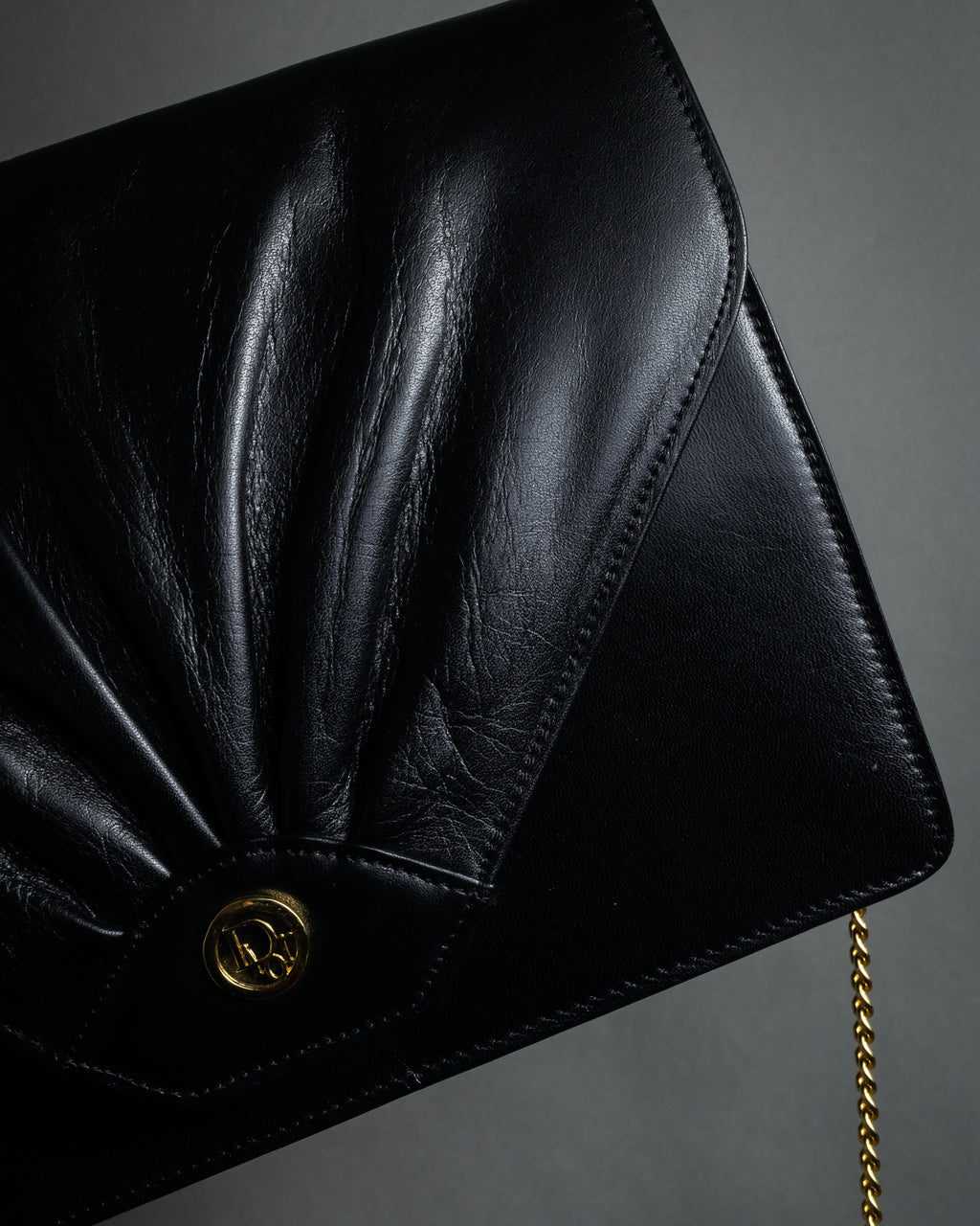 "Christian Dior" 70's-80's Radial drape design gold chain leather shoulder bag