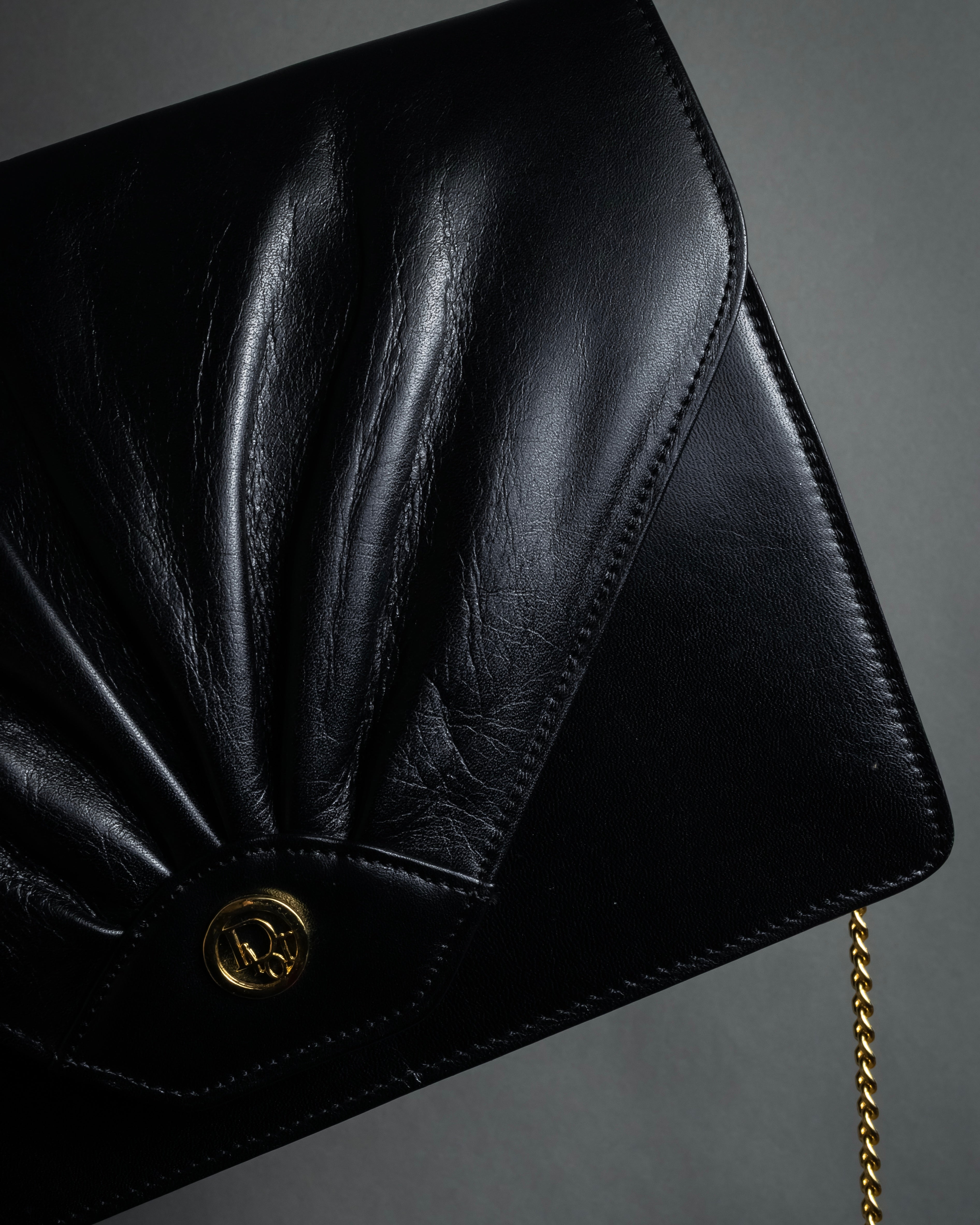 "Christian Dior" 70's-80's Radial drape design gold chain leather shoulder bag