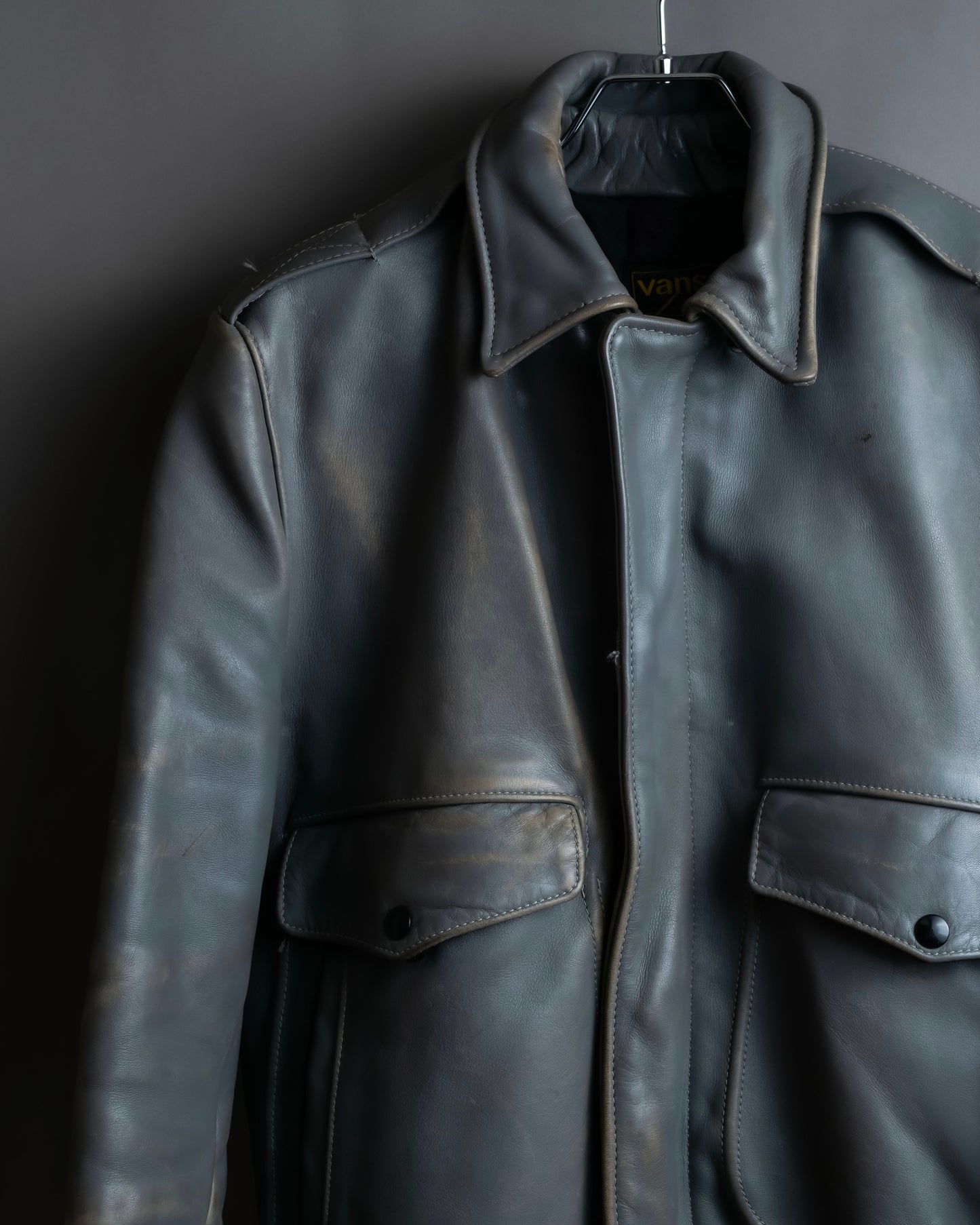 "VANSON" Out pocket design ribbed leather jacket