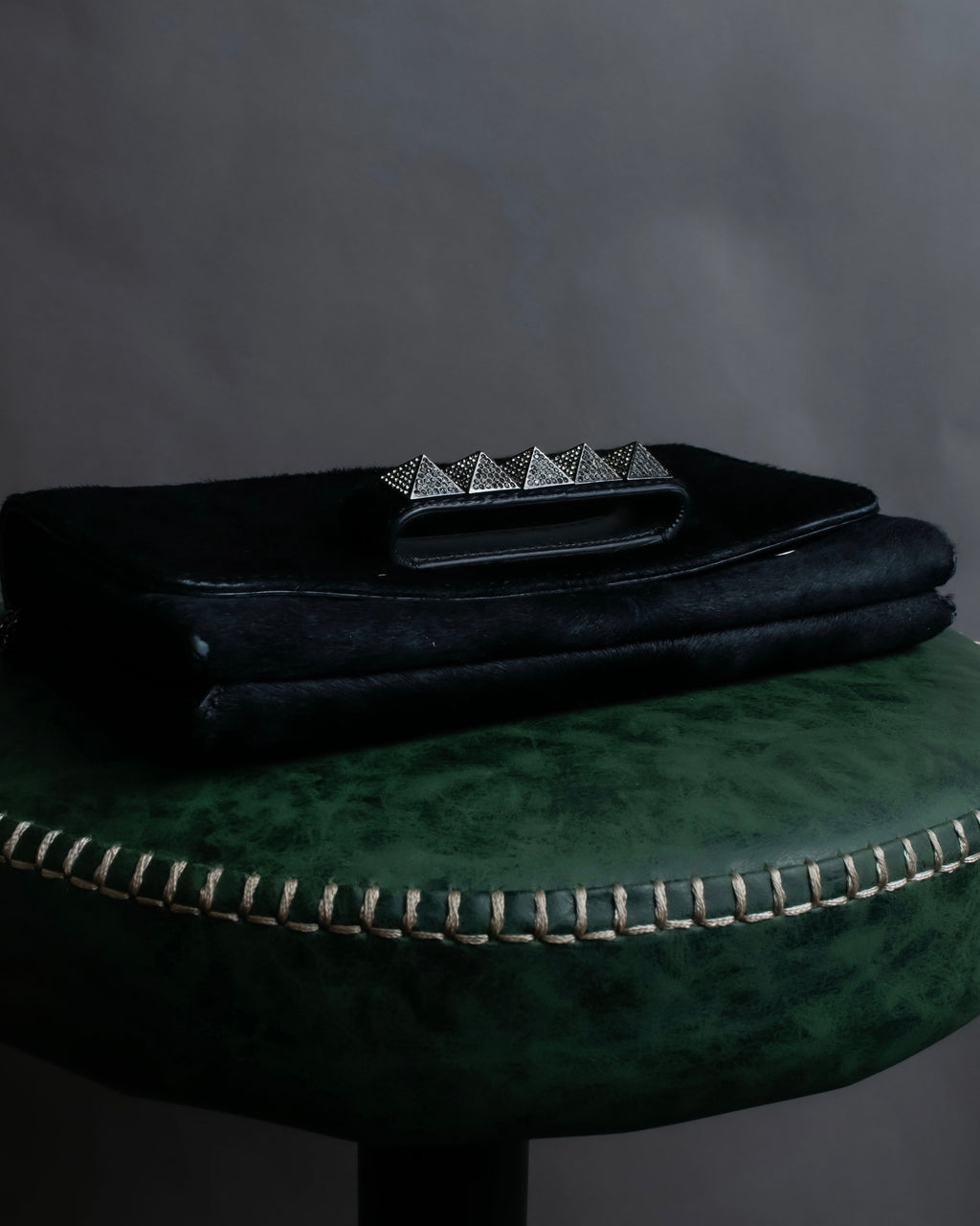 "VALENTINO" Gunmetal design black pony leather shoulder bag