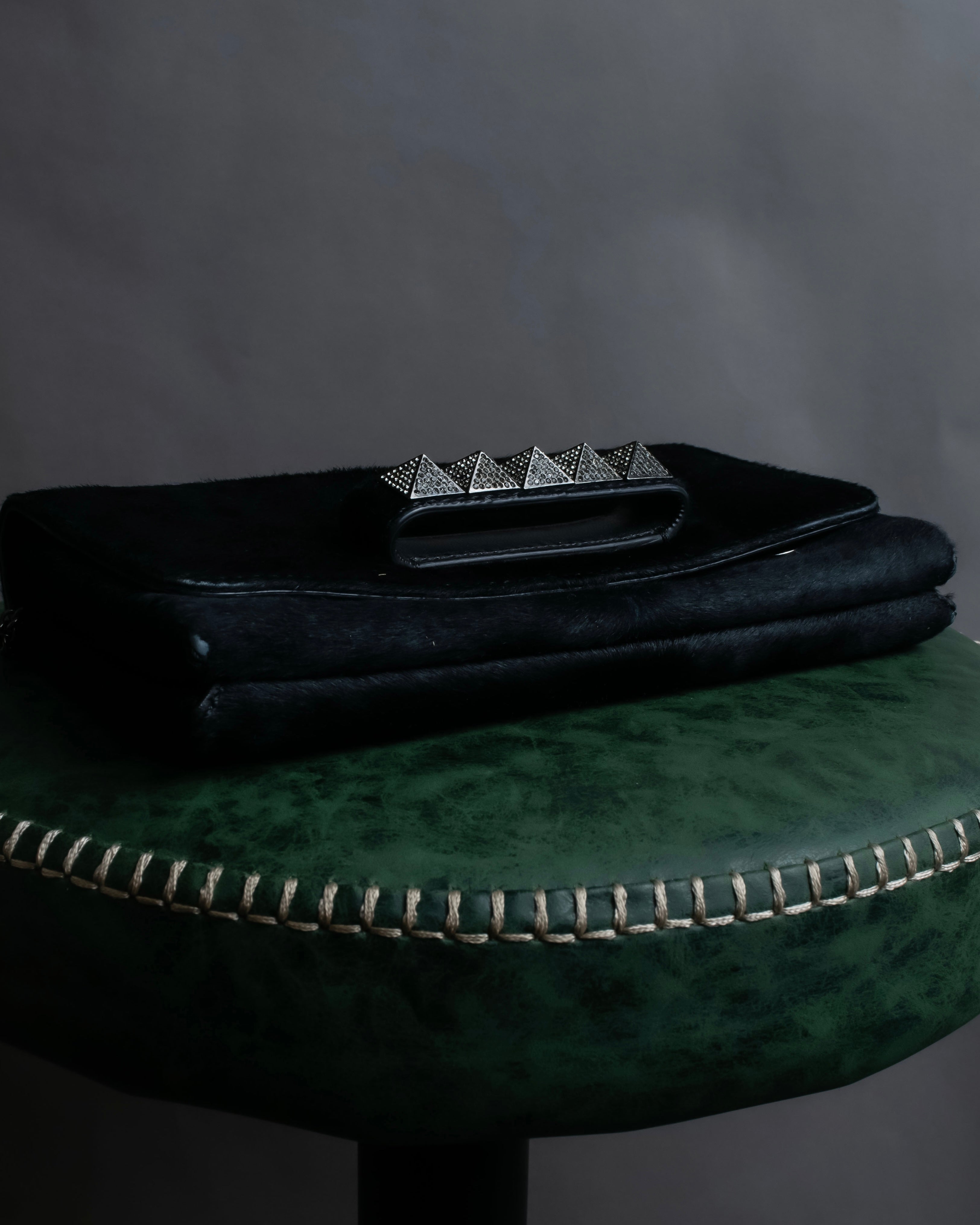 "VALENTINO" Gunmetal design black pony leather shoulder bag