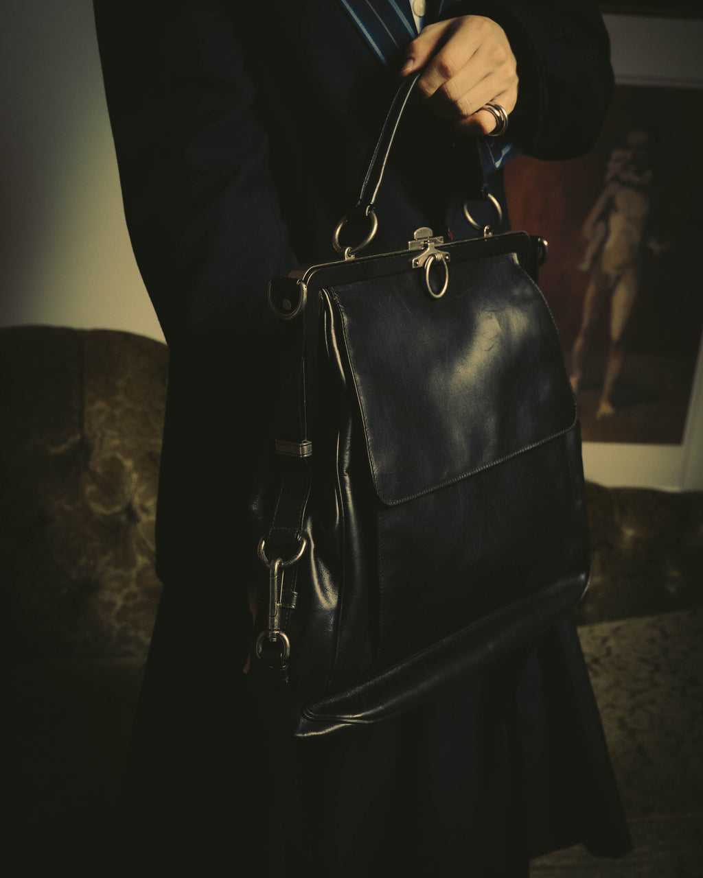 -SPECIAL- "Yves Saint Laurent" 00's Rive gauche black leather frame handbag