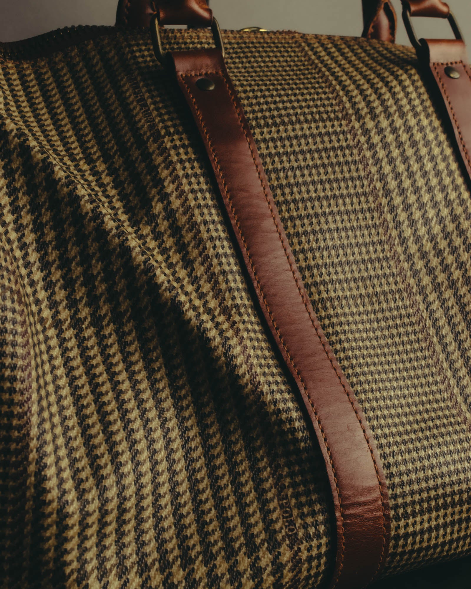 "Polo Ralph Lauren" 80's-90's Houndstooth leather trim travel bag