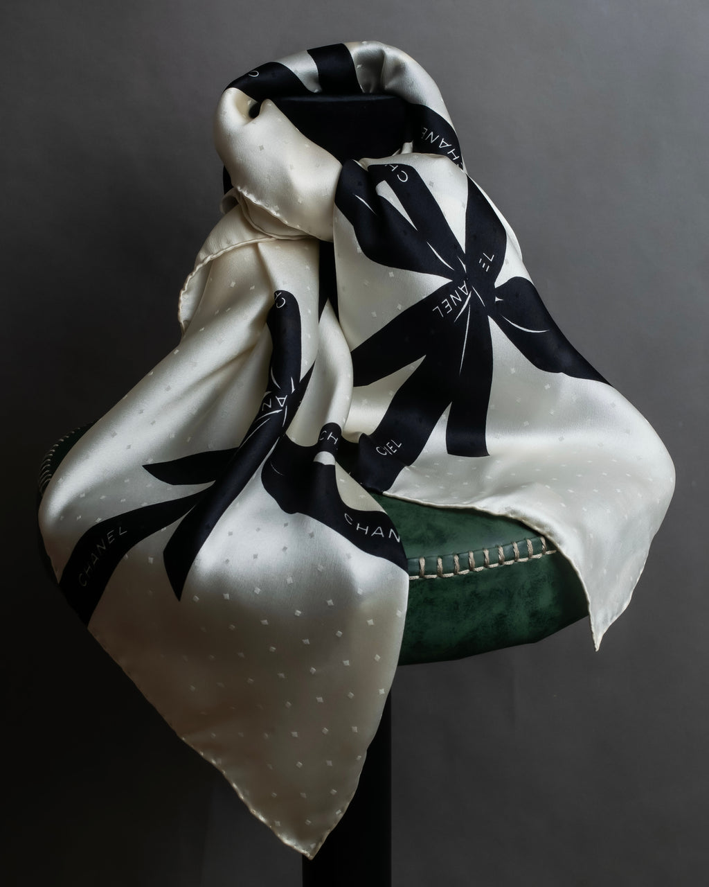 "CHANEL" Logo engraved ribbon motif design large scarf