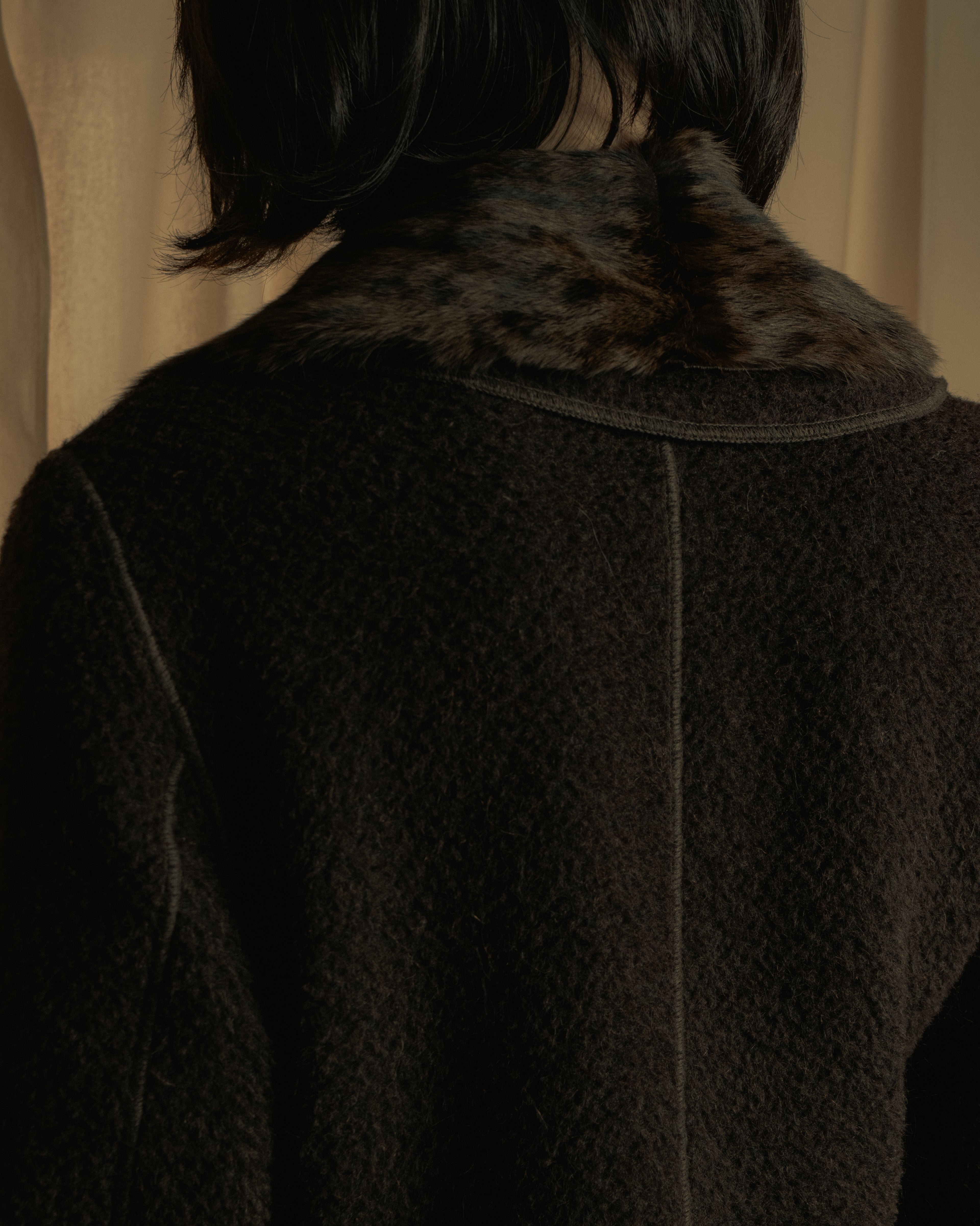 "FENDI" 90’s-00’s Sculptural belted leopard cat fur collar alpaca coat