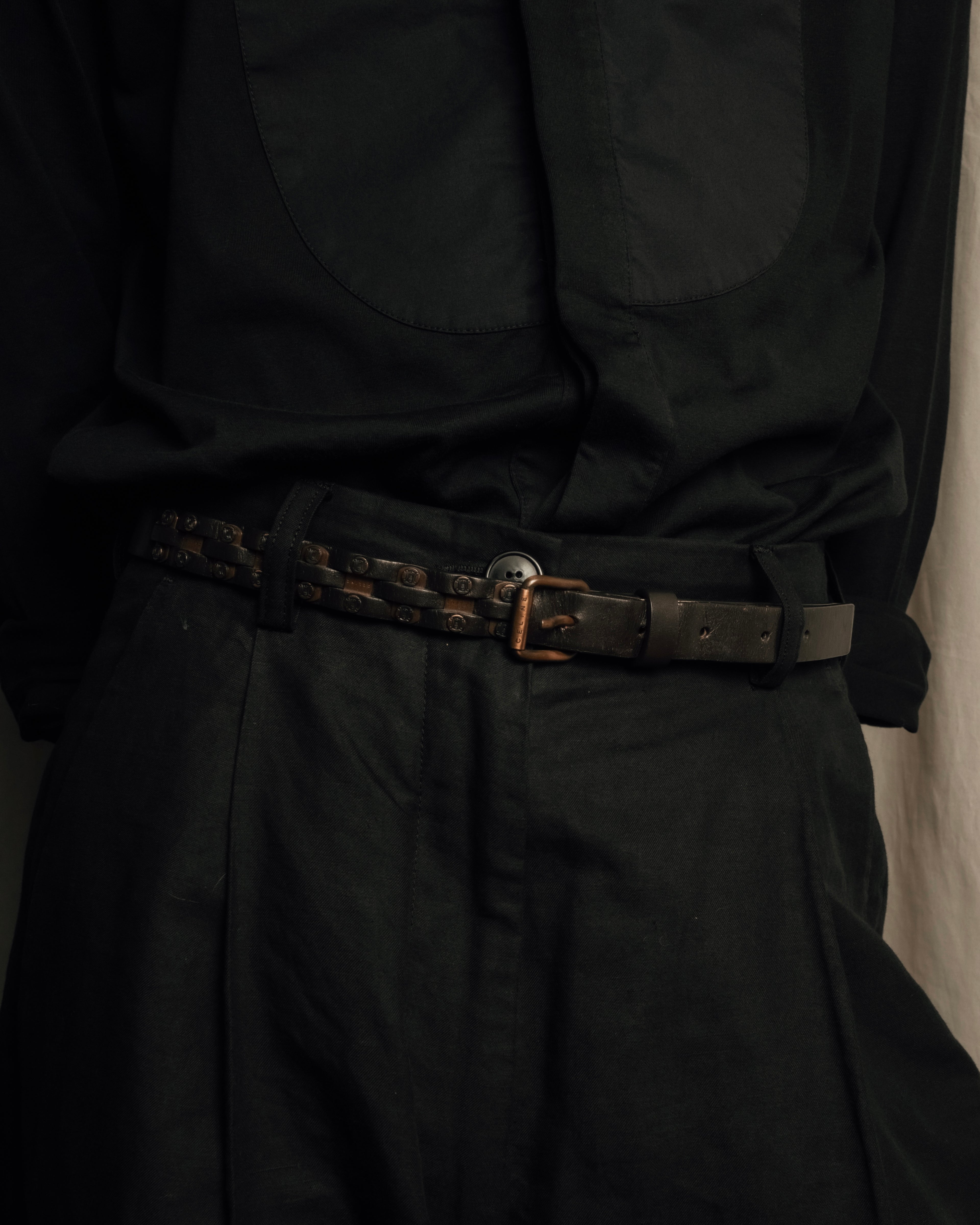 "CELINE" Triomphe motif stud design leather narrow belt