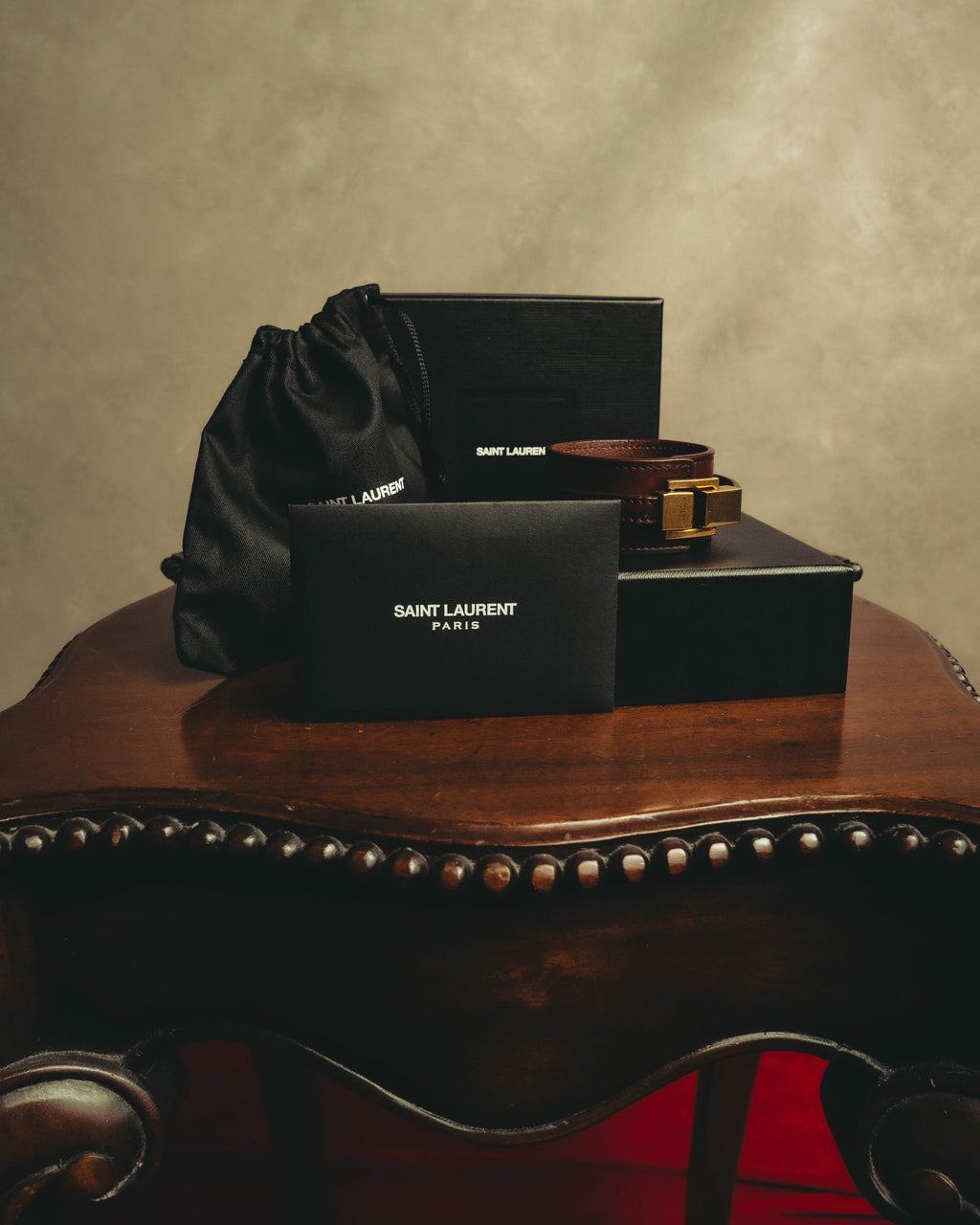 –SPECIAL– "Saint Laurent" 10's Burgundy leather wide cuff bracelet with antique gold buckle