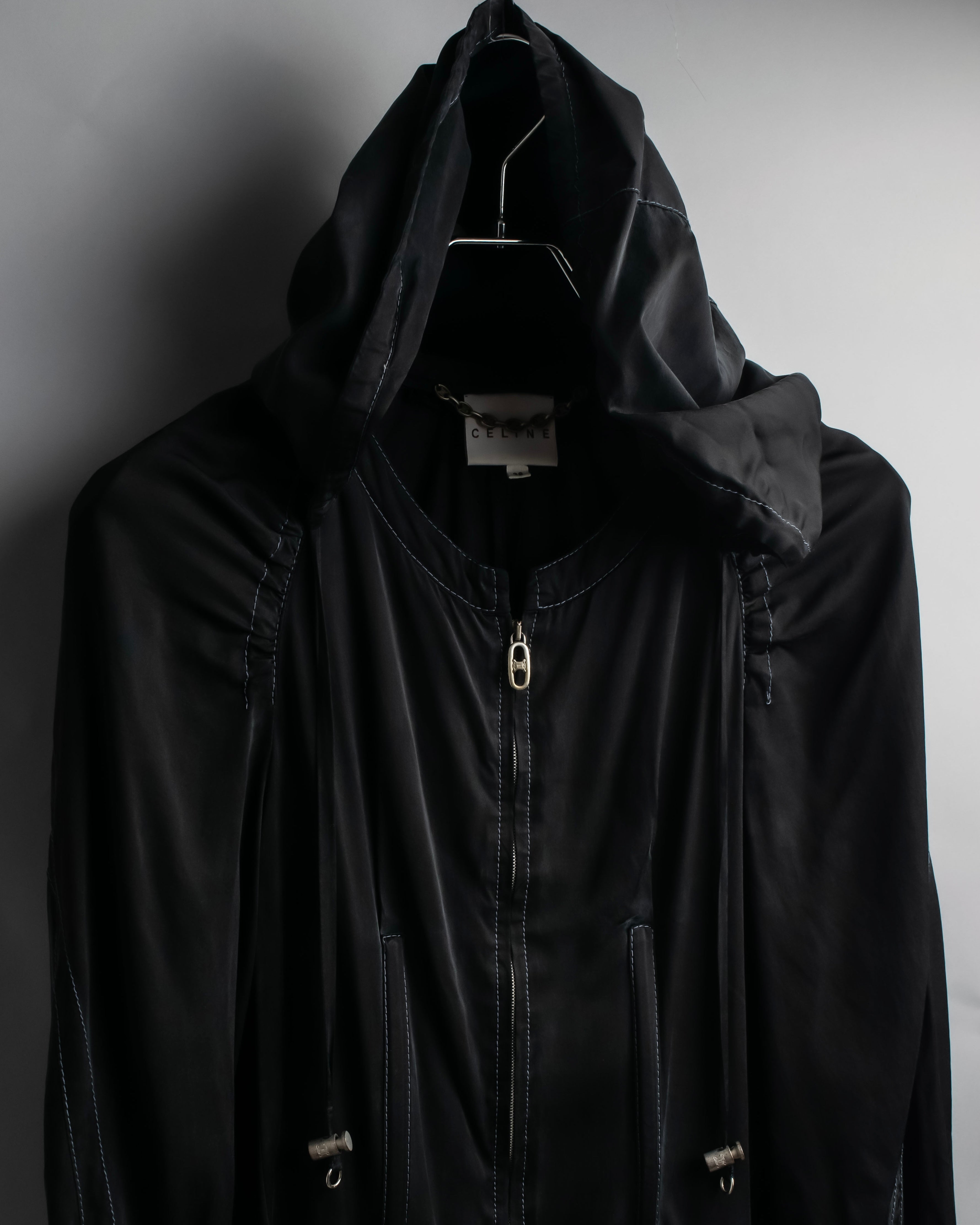 "CELINE" Gathered design hooded double zipper dress