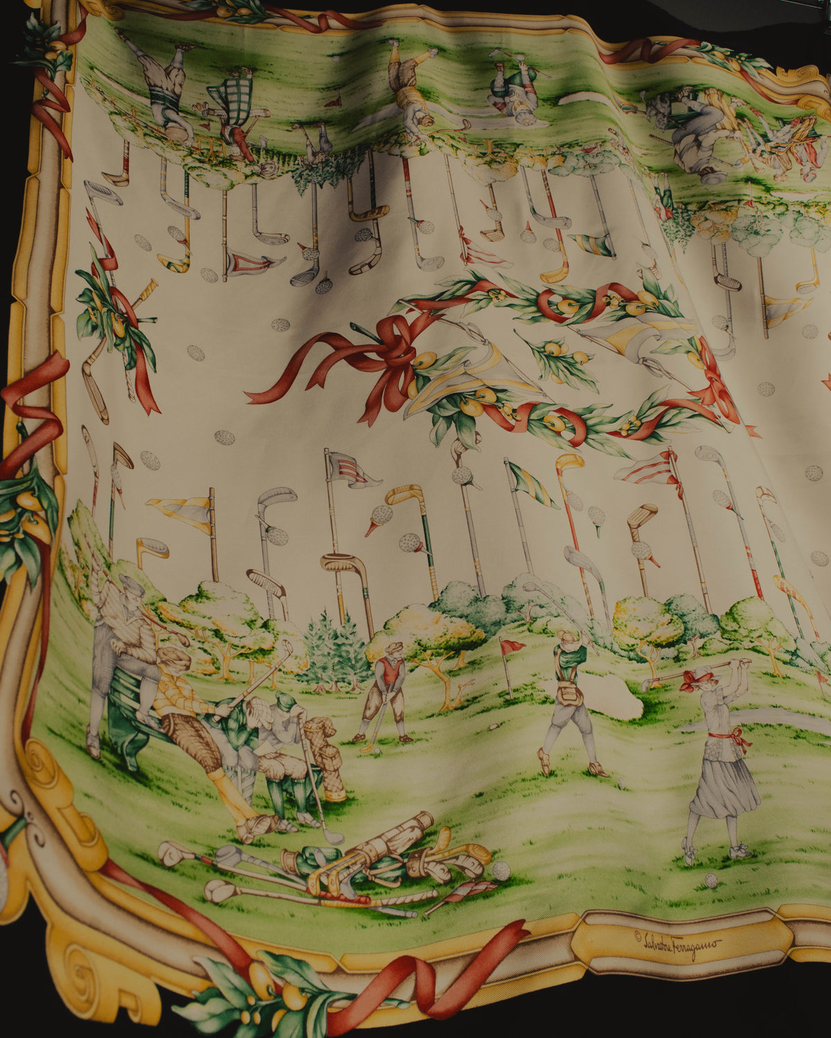 “Salvatore Ferragamo” 80’s-90’s Golf motif silk twill scarf
