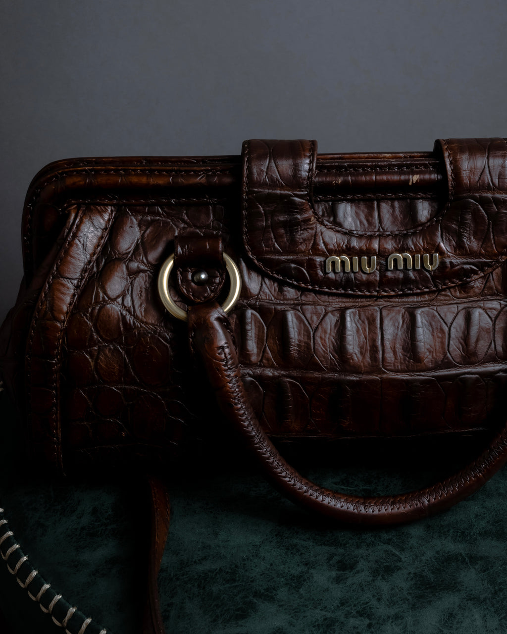 "MIU MIU" Antique design crocodile embossed leather 2way bag