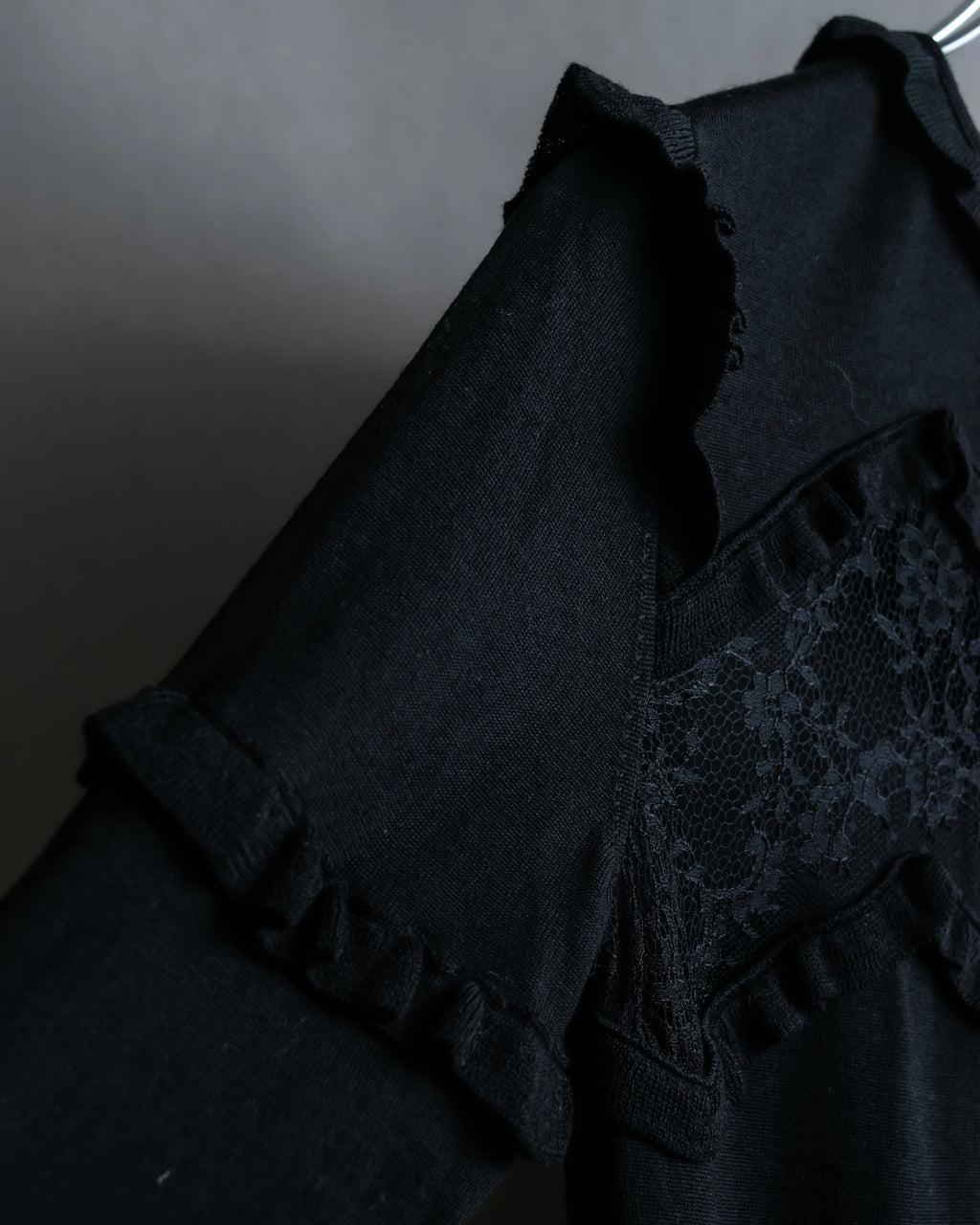 "VALENTINO" Ruffle＆lace design black knit