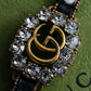 "GUCCI" Double G motif rhinestone leather bracelet