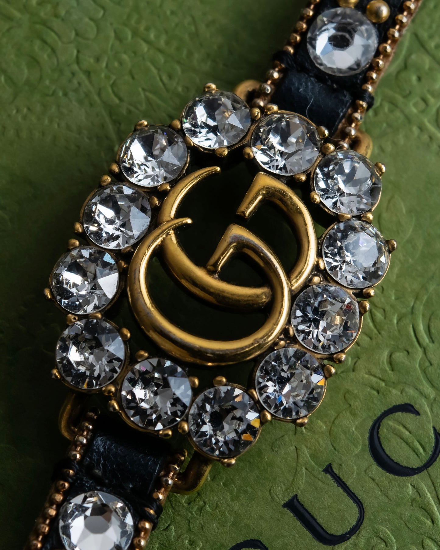 "GUCCI" Double G motif rhinestone leather bracelet