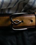 "Berluti" Patina finish curved buckle leather belt