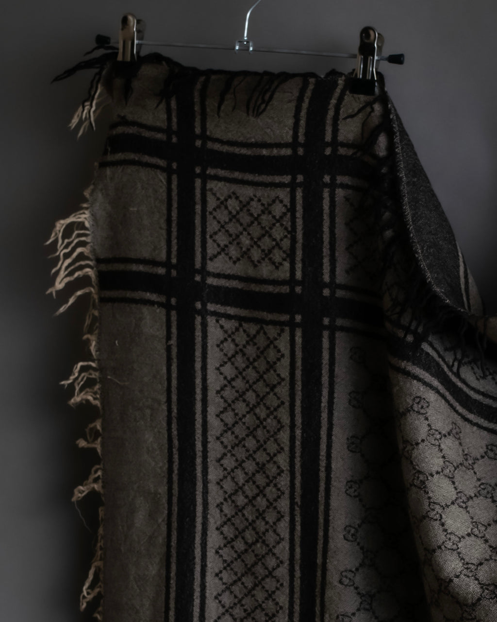 "GUCCI" GG monogram &amp; check pattern fringe large stole