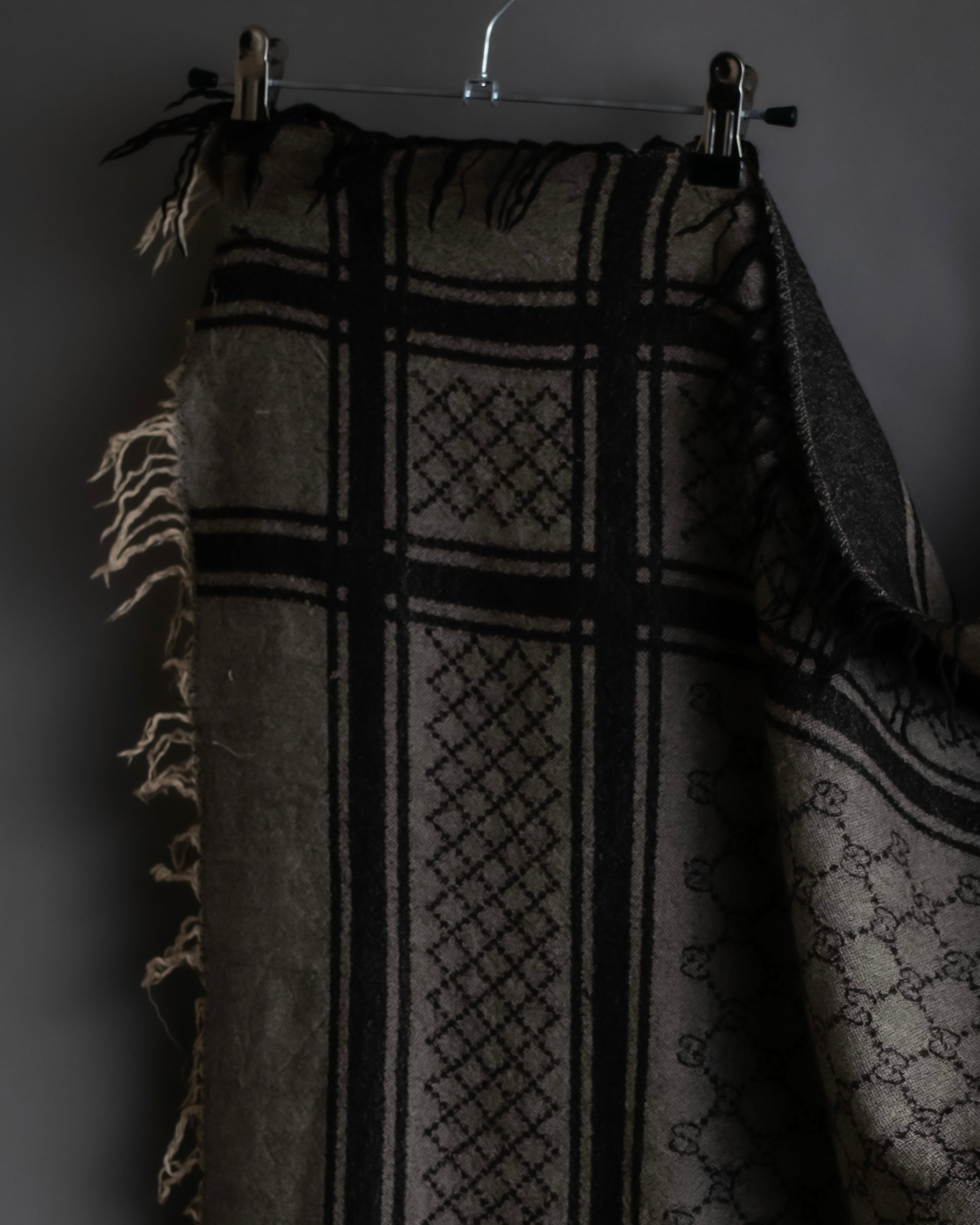 "GUCCI" GG monogram &amp; check pattern fringe large stole