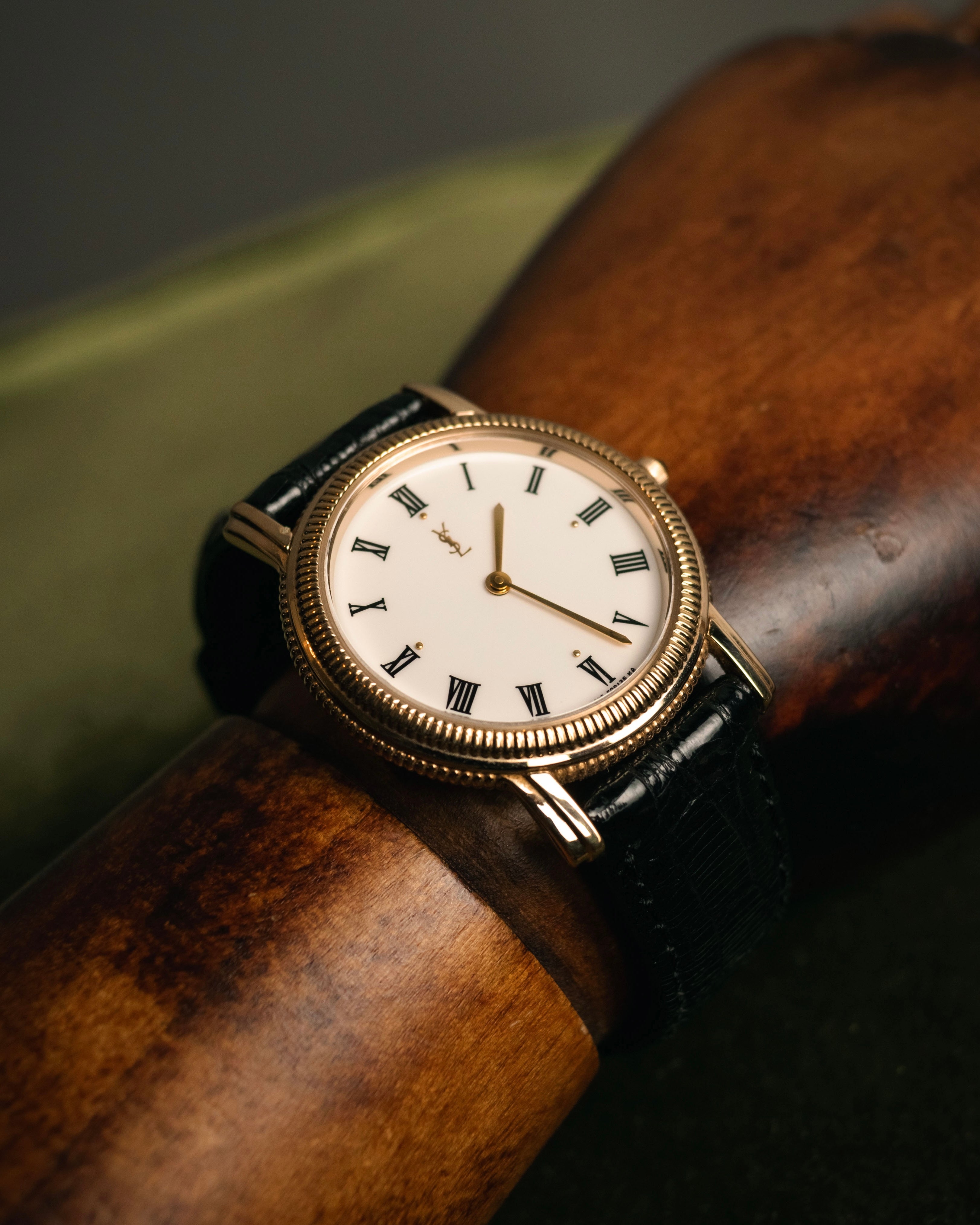 “Yves Saint Laurent” 80’s-90’s coin edge quartz leather watch