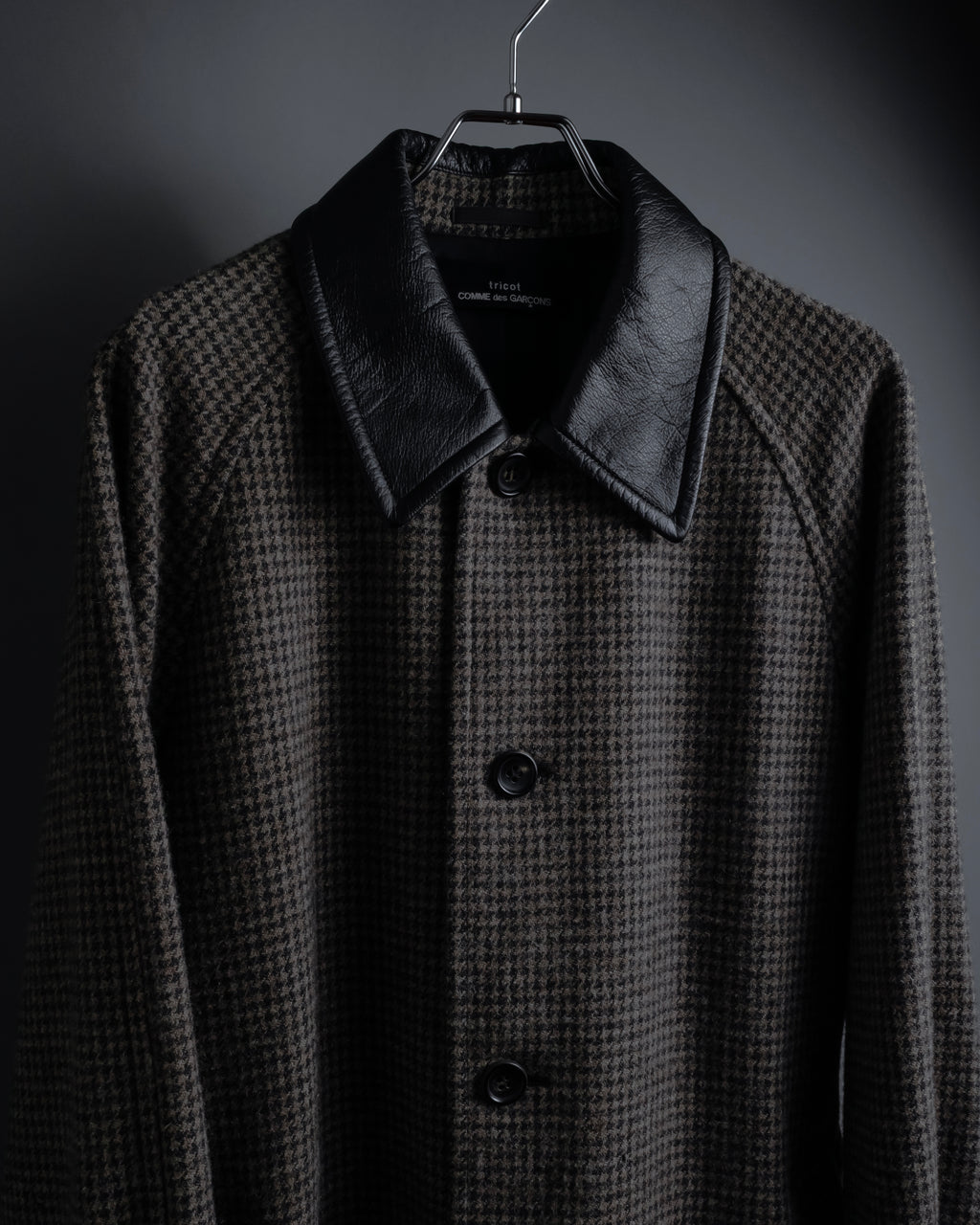 "tricot COMME des GARCONS" Leather collar design houndstooth pattern oversized long coat