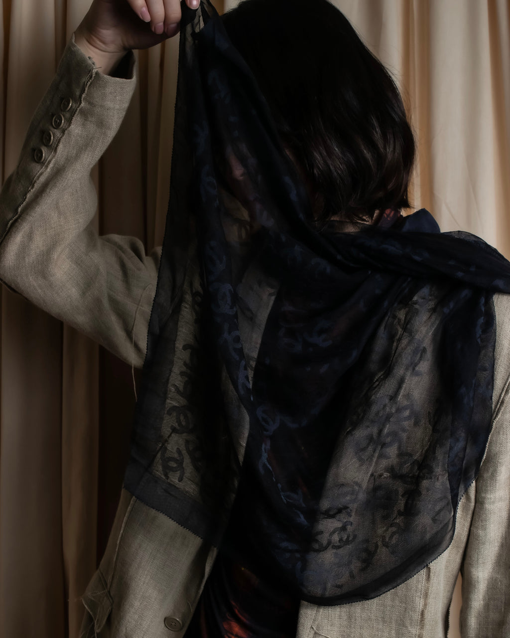 "CHANEL" Coco Mark scattered sheer large scarf