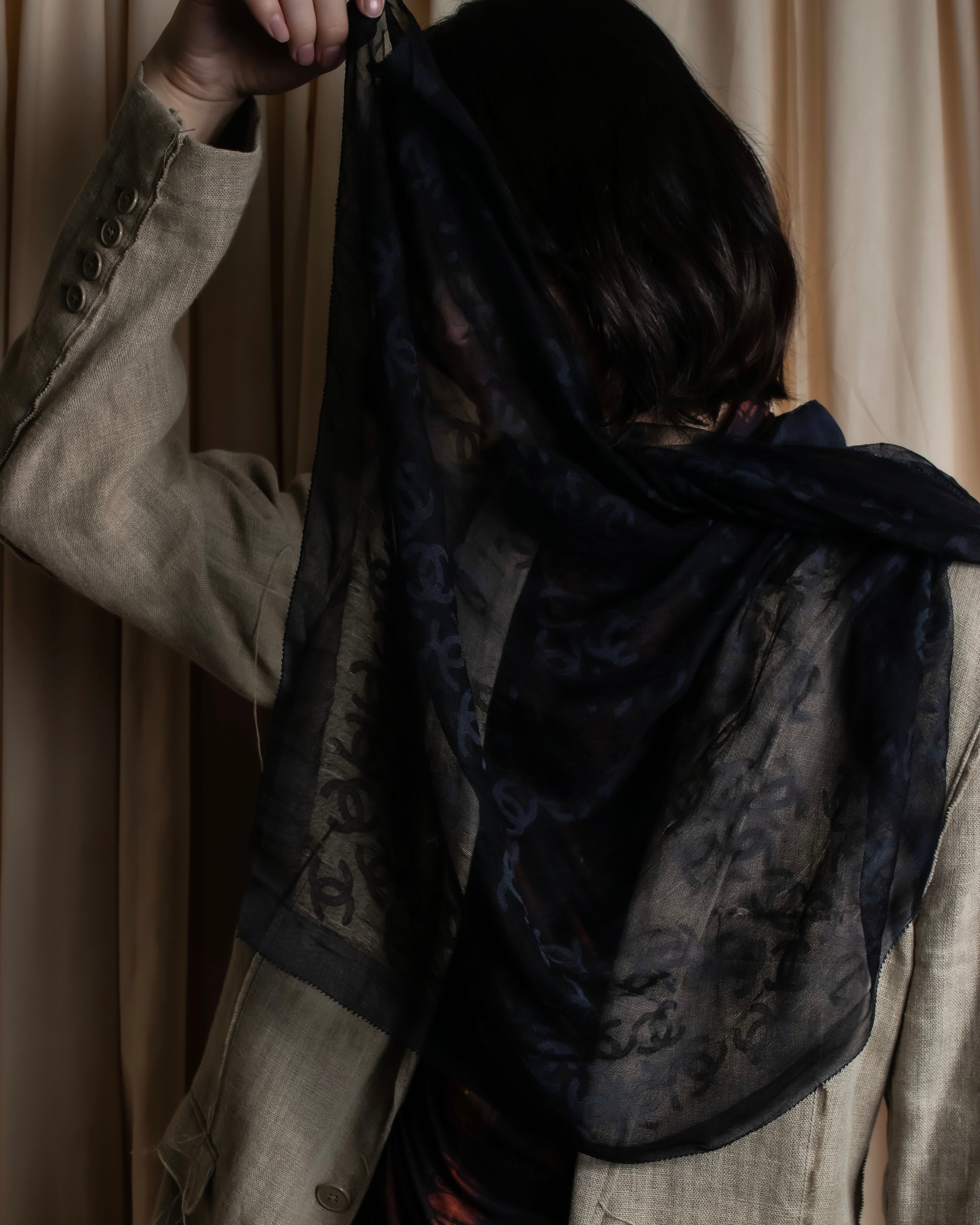 "CHANEL" Coco Mark scattered sheer large scarf