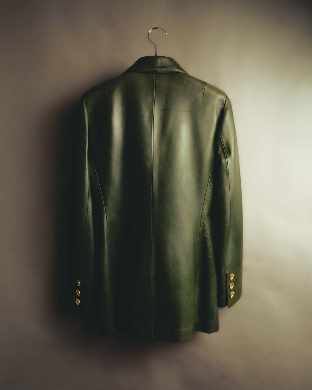 -SPECIAL- “LOEWE” 80’s-90’s Gold buttoned olive leather double-breasted tailored jacket