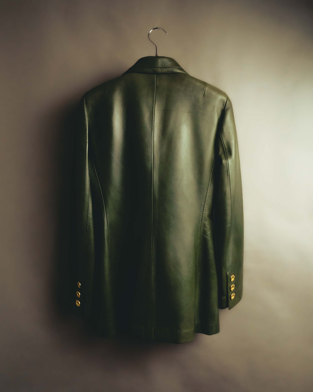 -SPECIAL- “LOEWE” 80’s-90’s Gold buttoned olive leather double-breasted tailored jacket