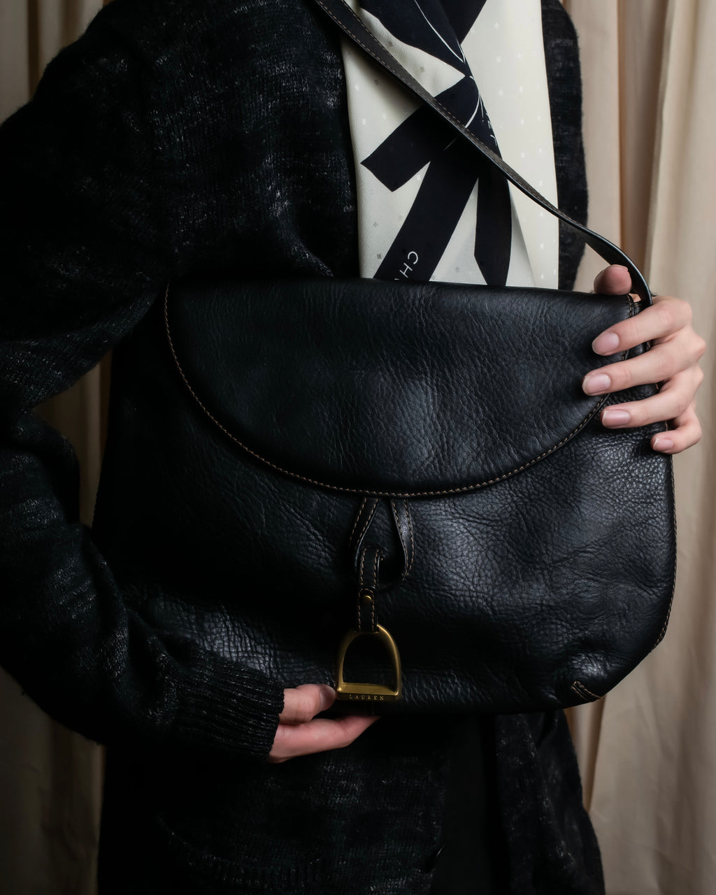 "Ralph Lauren" Saddle＆stirrup motif grained leather shoulder bag