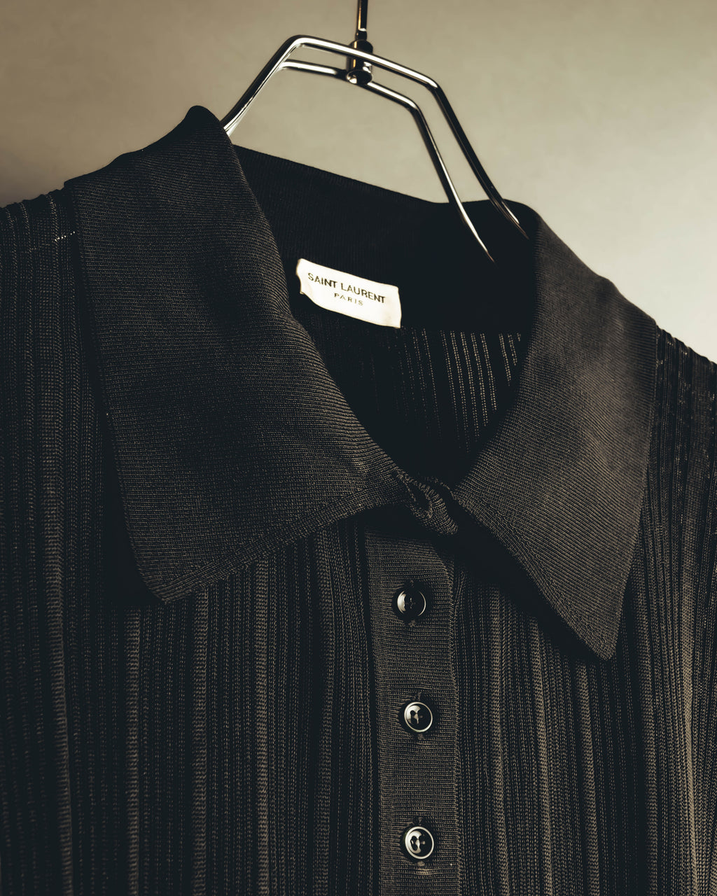 "SAINT LAURENT PARIS" 2020's Sheer ribbed silk blend polo cardigan