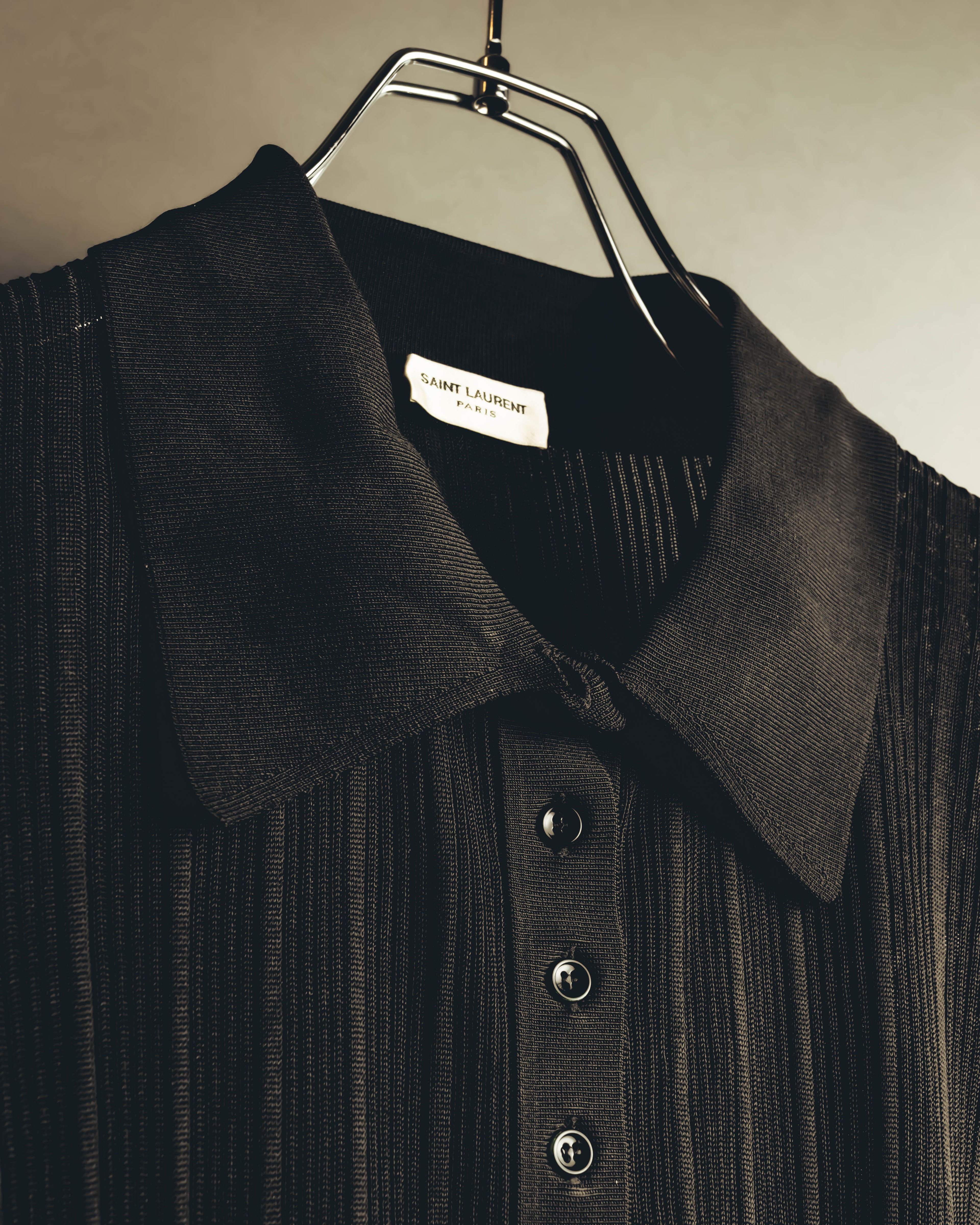 "SAINT LAURENT PARIS" 2020's Sheer ribbed silk blend polo cardigan