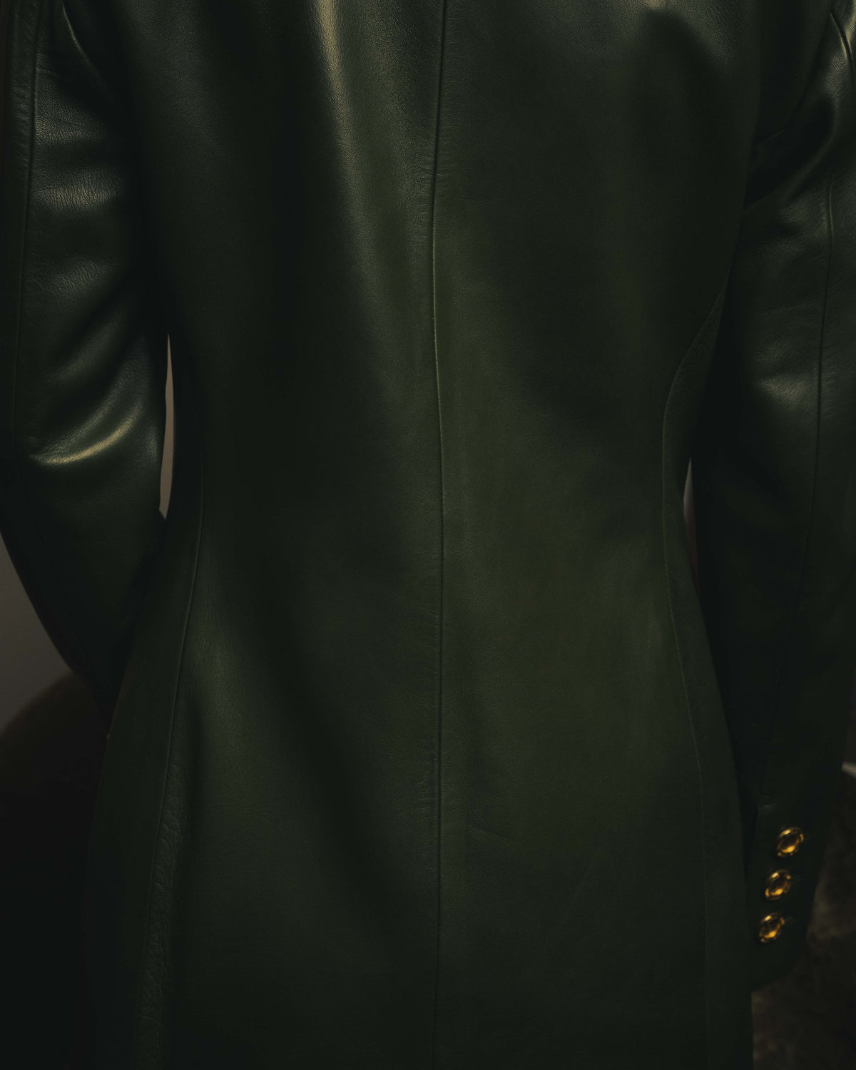 -SPECIAL- “LOEWE” 80’s-90’s Gold buttoned olive leather double-breasted tailored jacket