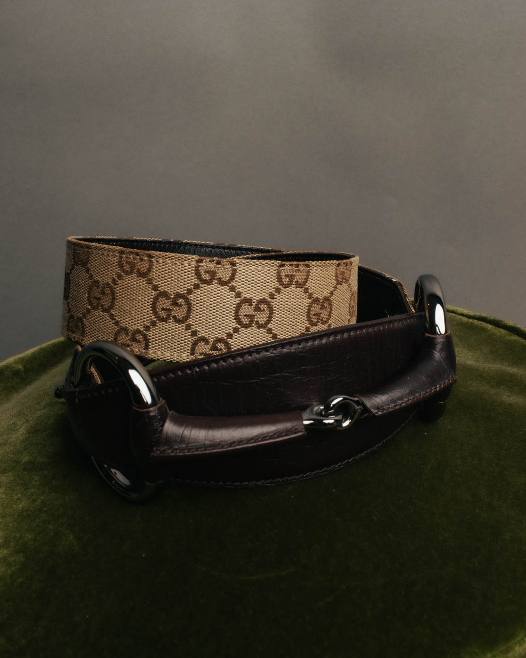 "GUCCI" 00's Large horsebit GG canvas wide waist belt
