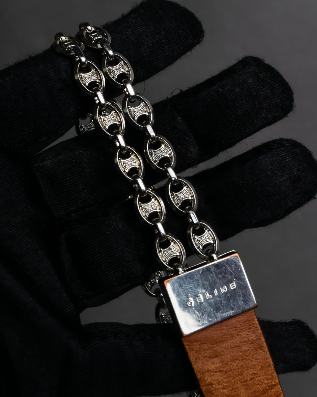 "CELINE" Oval link chain design leather combination belt