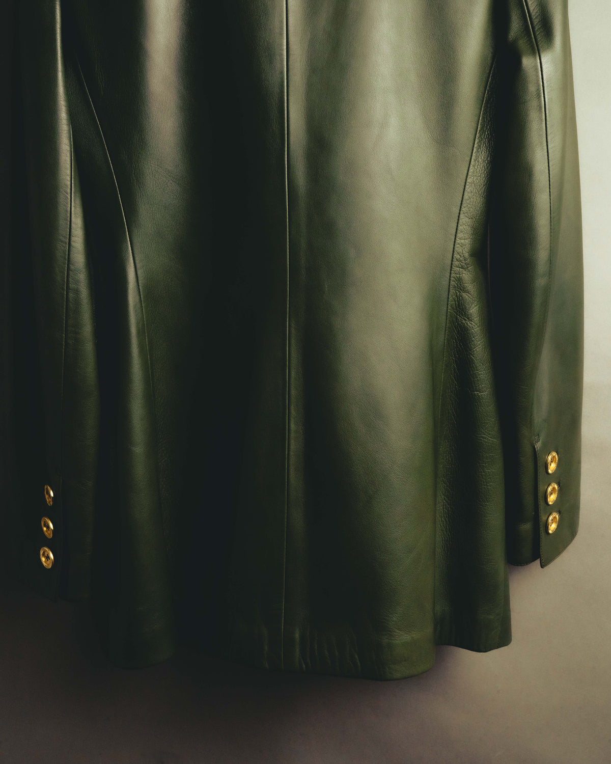 -SPECIAL- “LOEWE” 80’s-90’s Gold buttoned olive leather double-breasted tailored jacket