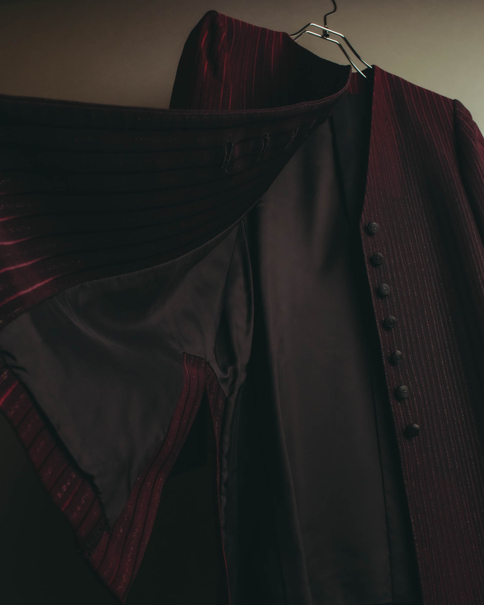 -SPECIAL- “Yves Saint Laurent“ 80's-90's Swiss fabric lurex stripe collarless long jacket