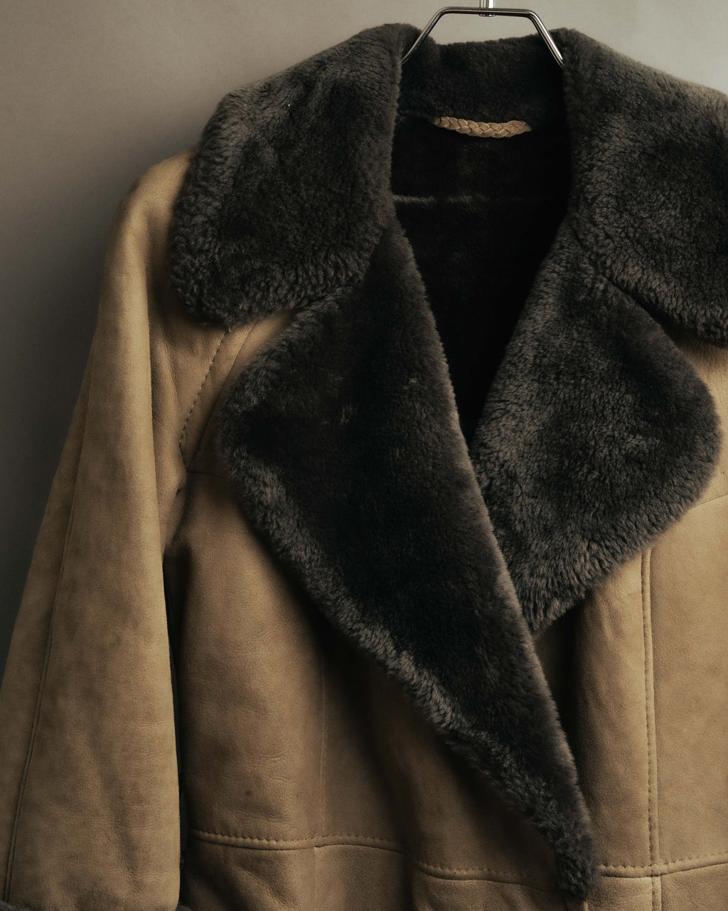 “LOEWE” 70’s-early 90’s Suede shearling belted long coat