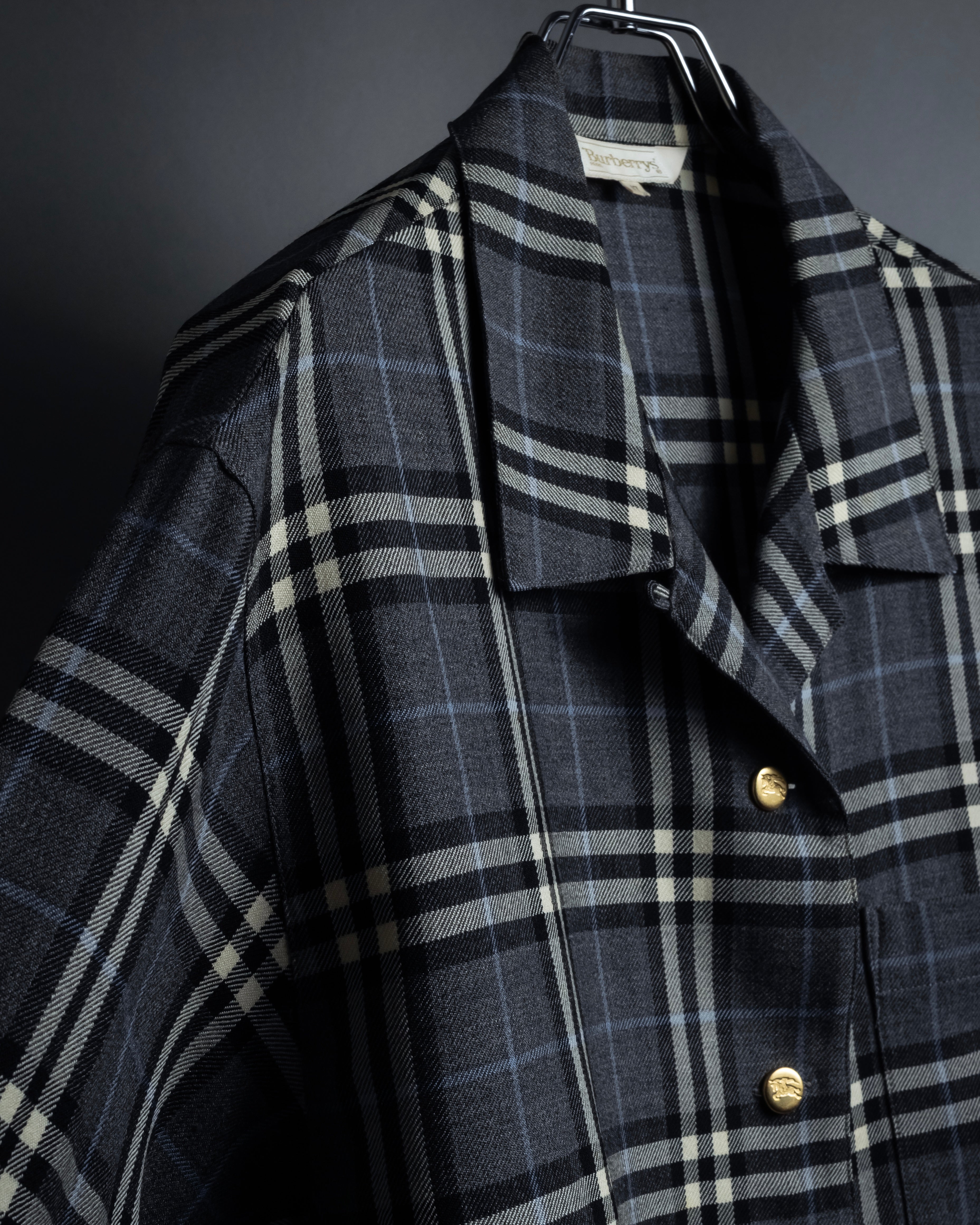 "BURBERRYS" Gold metal button design check pattern wool shirt