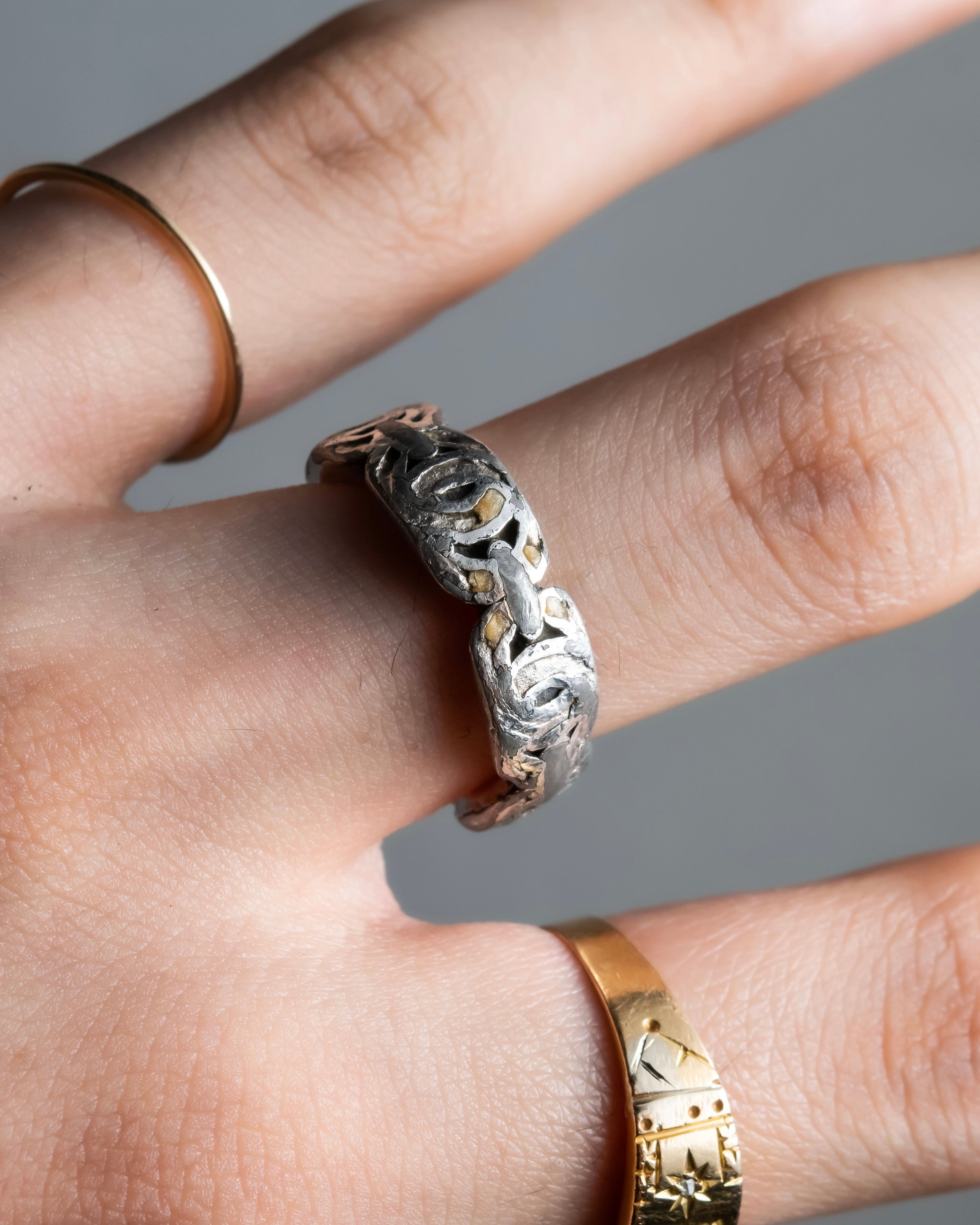 "CHANEL" Coco mark motif beige parts silver ring