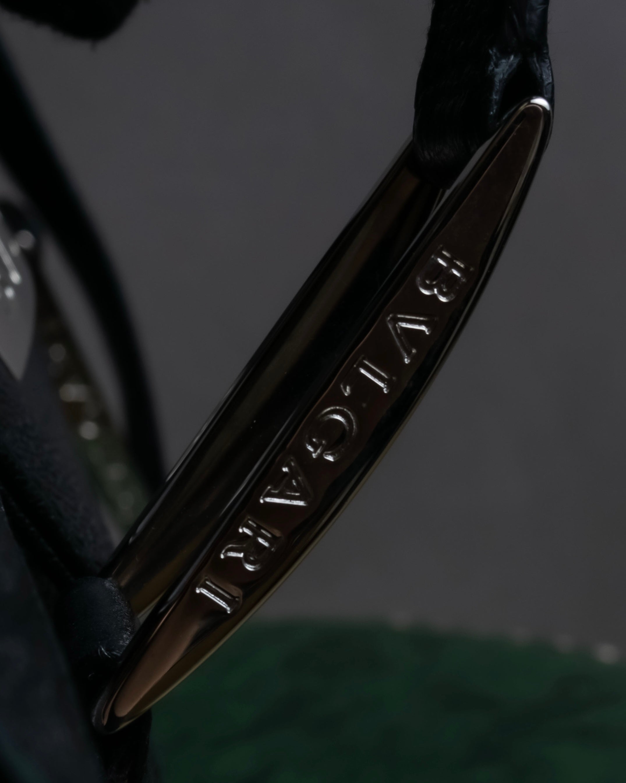 "BVLGARI" Horizontal form engraved logo leather bag