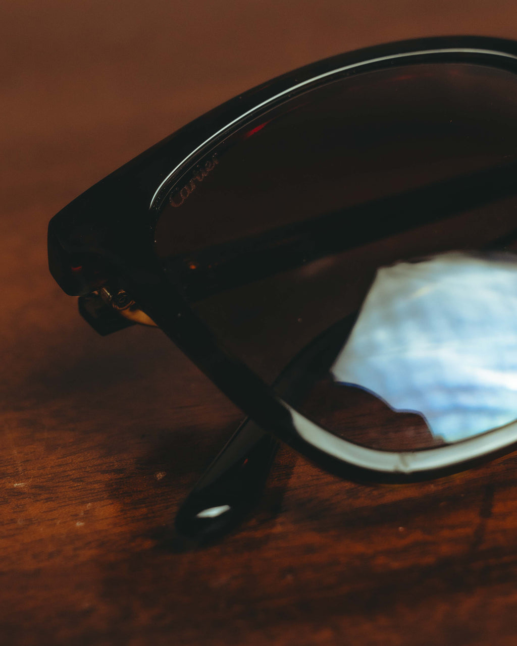 ダークブラウンの半透明フレームを、テンプルに入った筆記体ロゴとフロント脇のゴールドカラーヒンジ（蝶番）を中心に捉えたディテールカット。