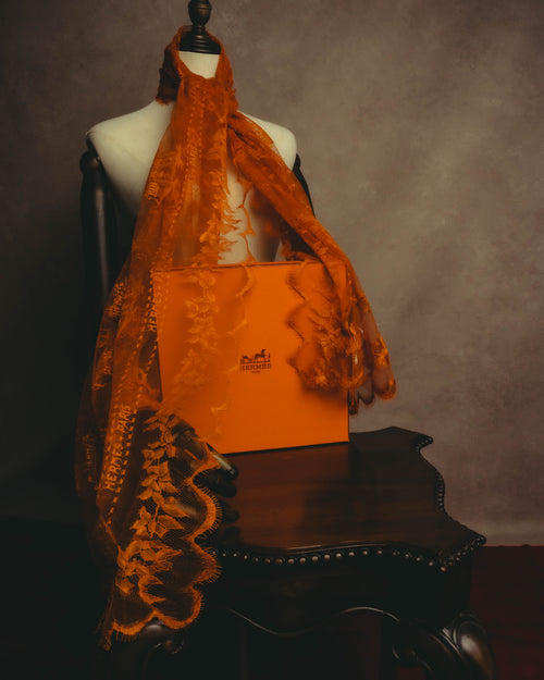 -SPECIAL- “HERMÈS” 2000’s-2010’s orange floral mesh lace stole