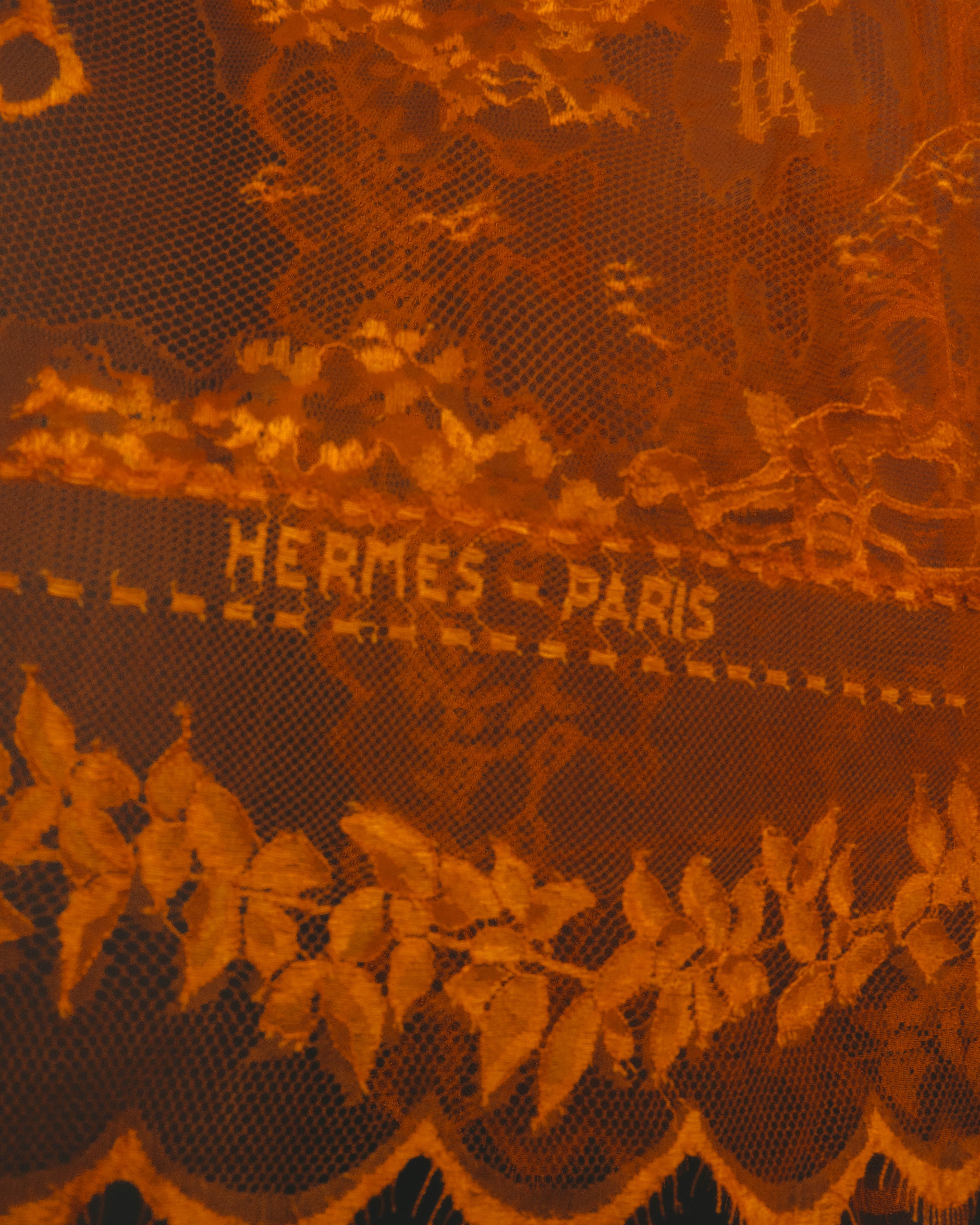 -SPECIAL- “HERMÈS” 2000’s-2010’s orange floral mesh lace stole