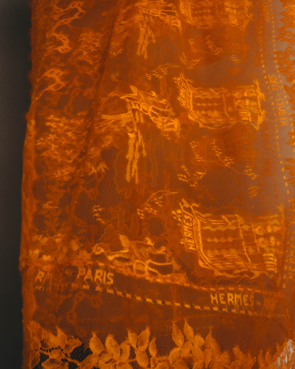 -SPECIAL- “HERMÈS” 2000’s-2010’s orange floral mesh lace stole