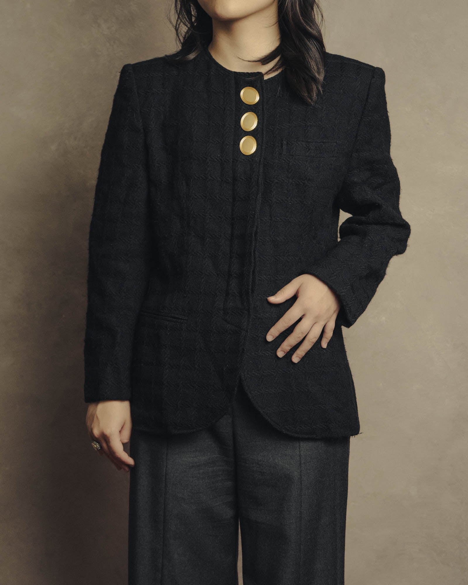-SPECIAL- "Christian Dior" 80's-90's Textured collarless wool jacket
