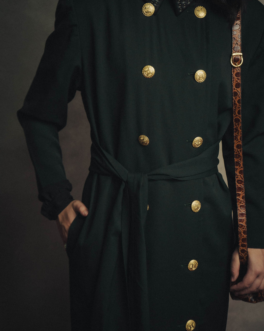 –SPECIAL– "CELINE" 80's Elegant belted double breasted long coat