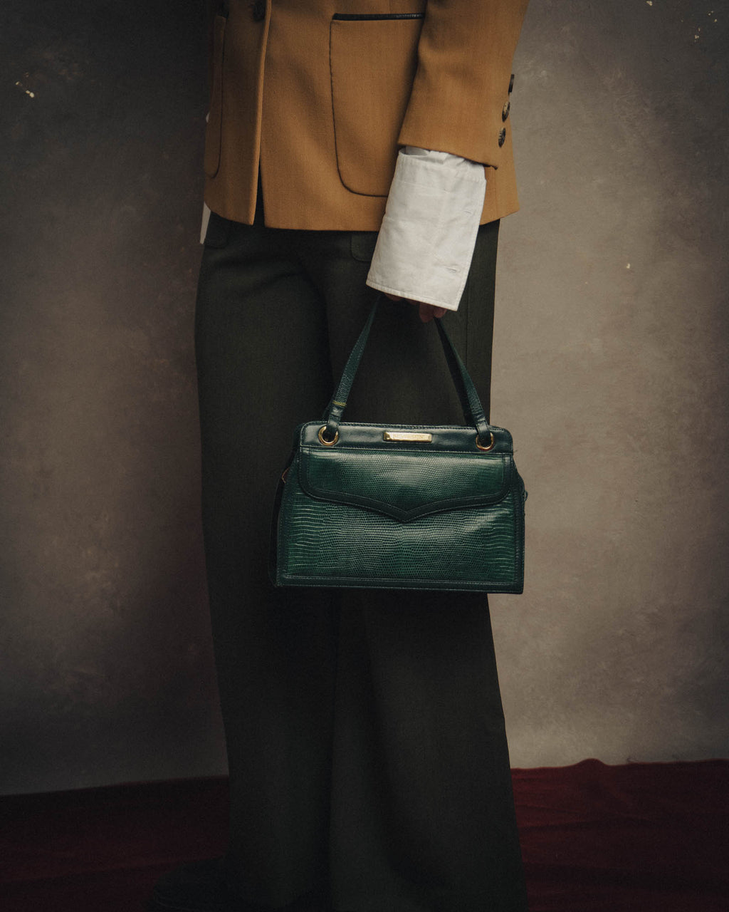 -SPECIAL- "Yves Saint Laurent" 80's-90's Glossy green exotic leather shoulder handbag
