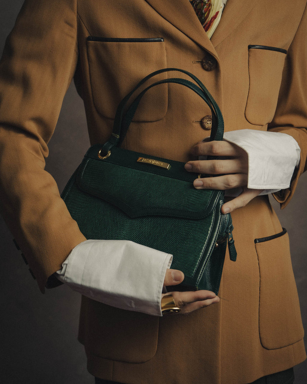 -SPECIAL- "Yves Saint Laurent" 80's-90's Glossy green exotic leather shoulder handbag