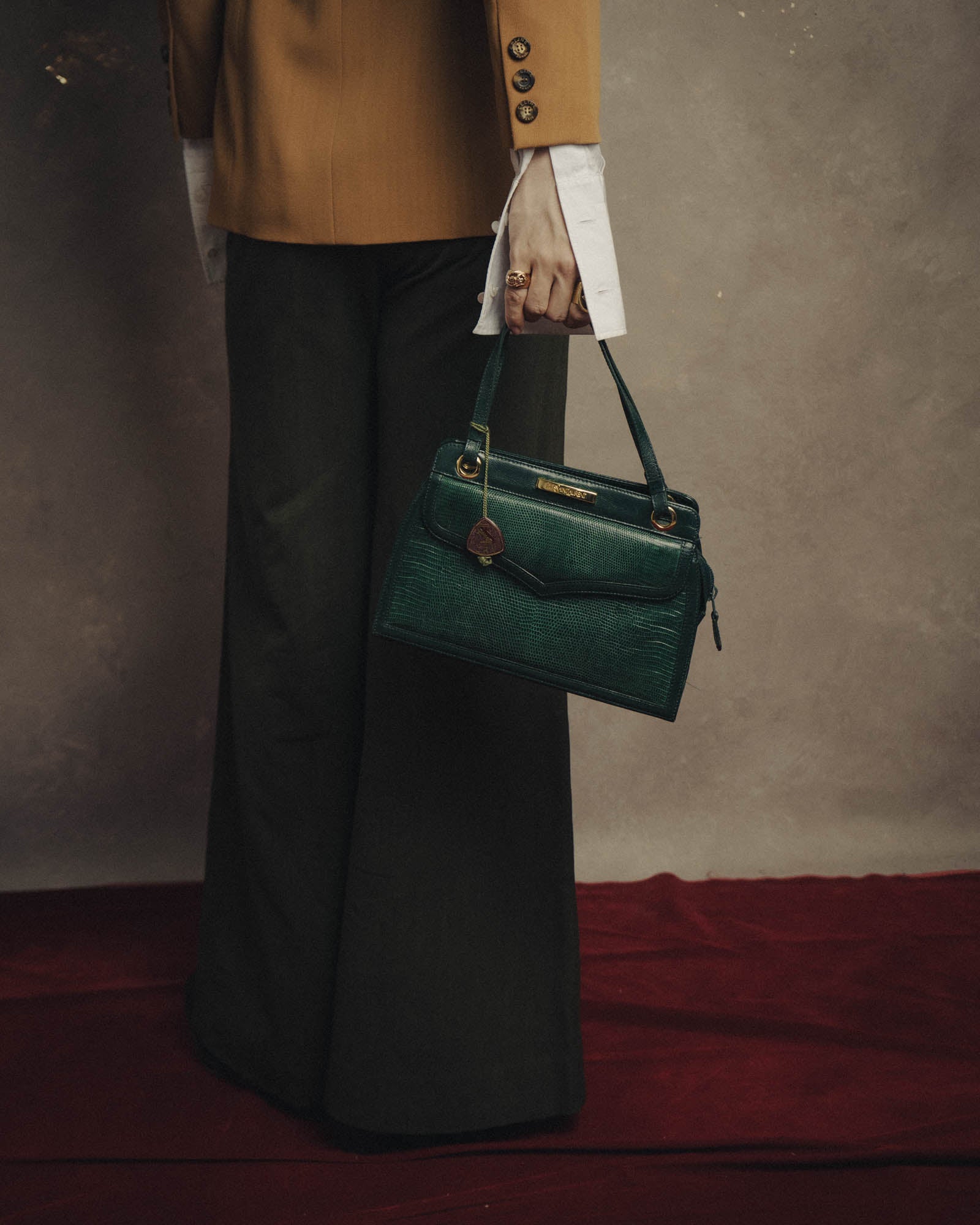 -SPECIAL- "Yves Saint Laurent" 80's-90's Glossy green exotic leather shoulder handbag