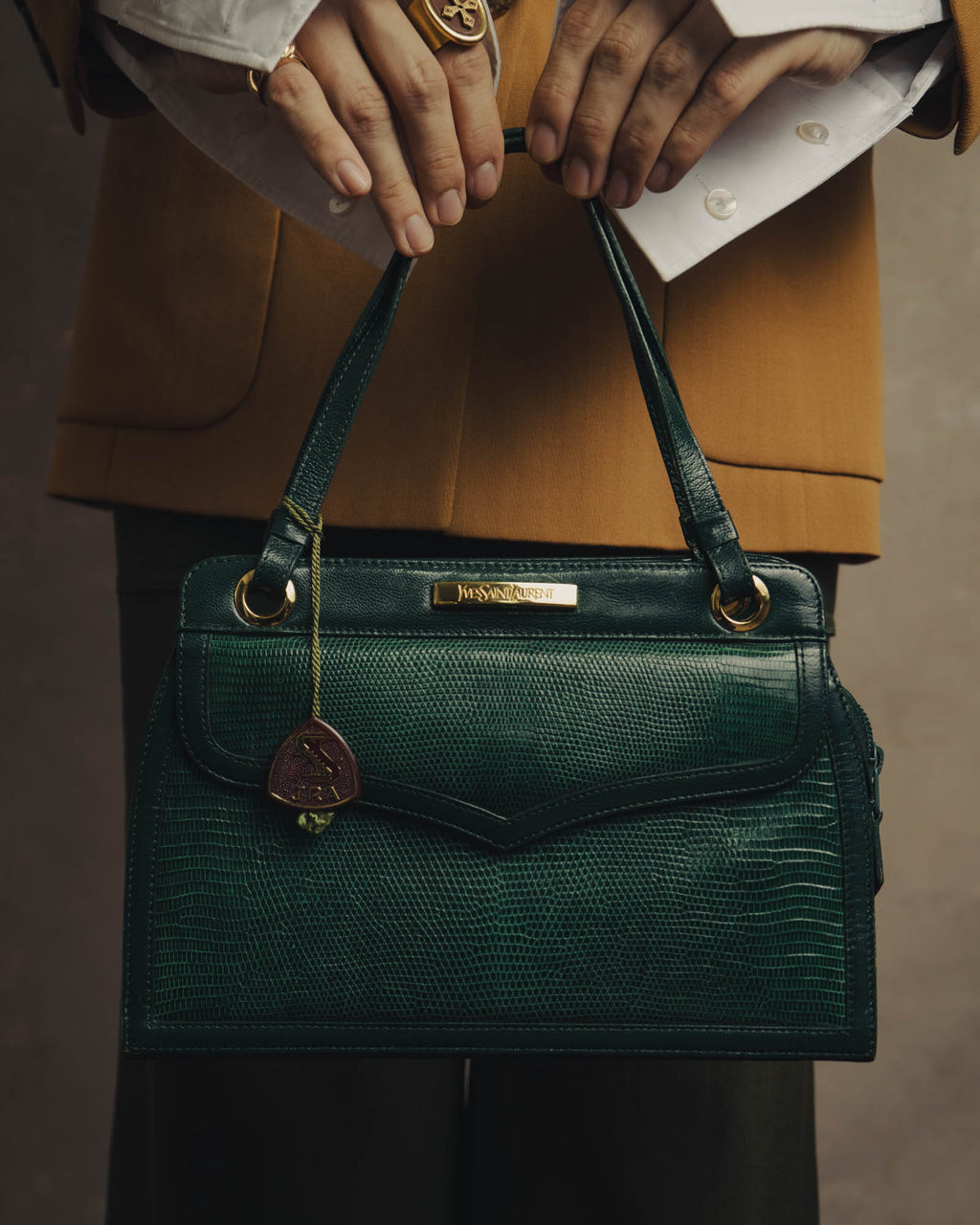 -SPECIAL- "Yves Saint Laurent" 80's-90's Glossy green exotic leather shoulder handbag